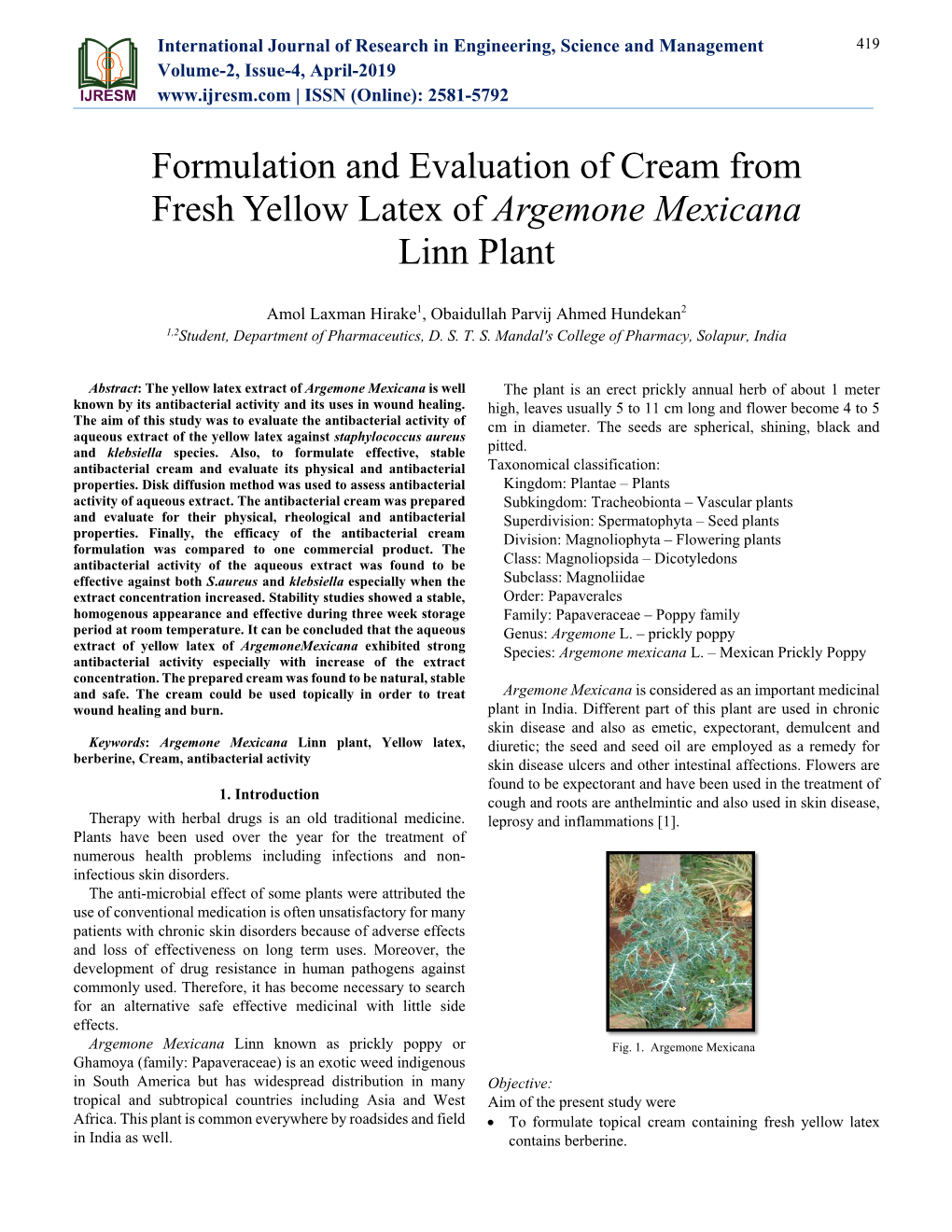 Formulation and Evaluation of Cream from Fresh Yellow Latex of Argemone Mexicana Linn Plant