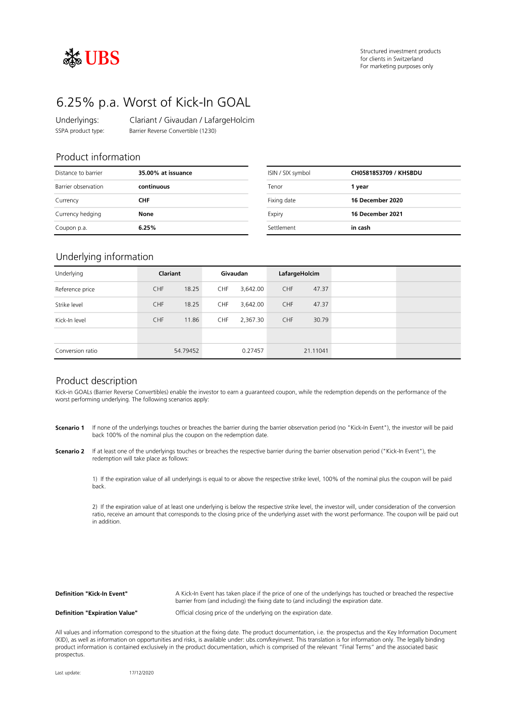 6.25% P.A. Worst of Kick-In GOAL Underlyings: Clariant / Givaudan / Lafargeholcim SSPA Product Type: Barrier Reverse Convertible (1230)