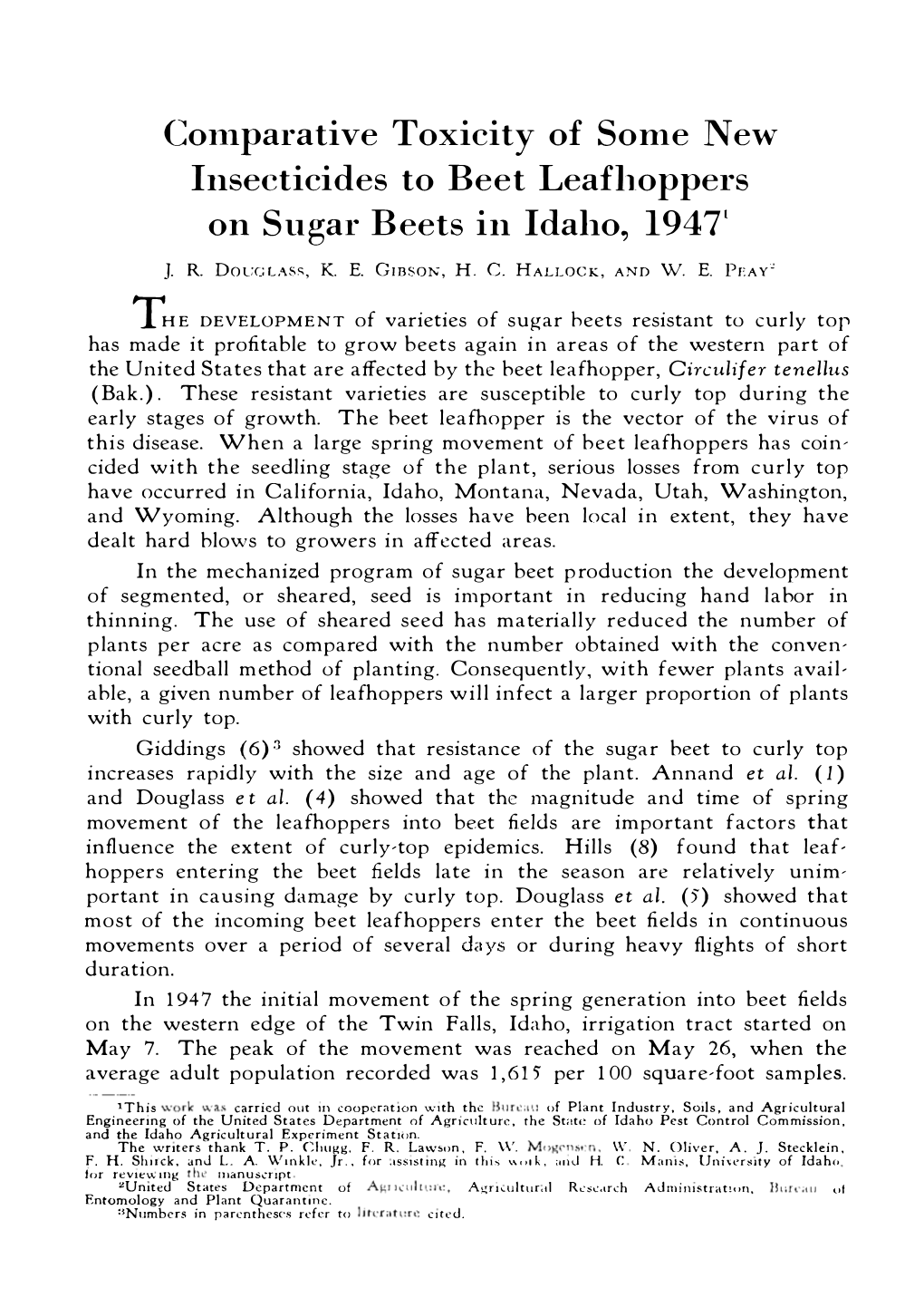 Comparative Toxicity of Some New Inseeticides to Beet Leafhoppers on Sugar Beets in Idaho, 1947' R