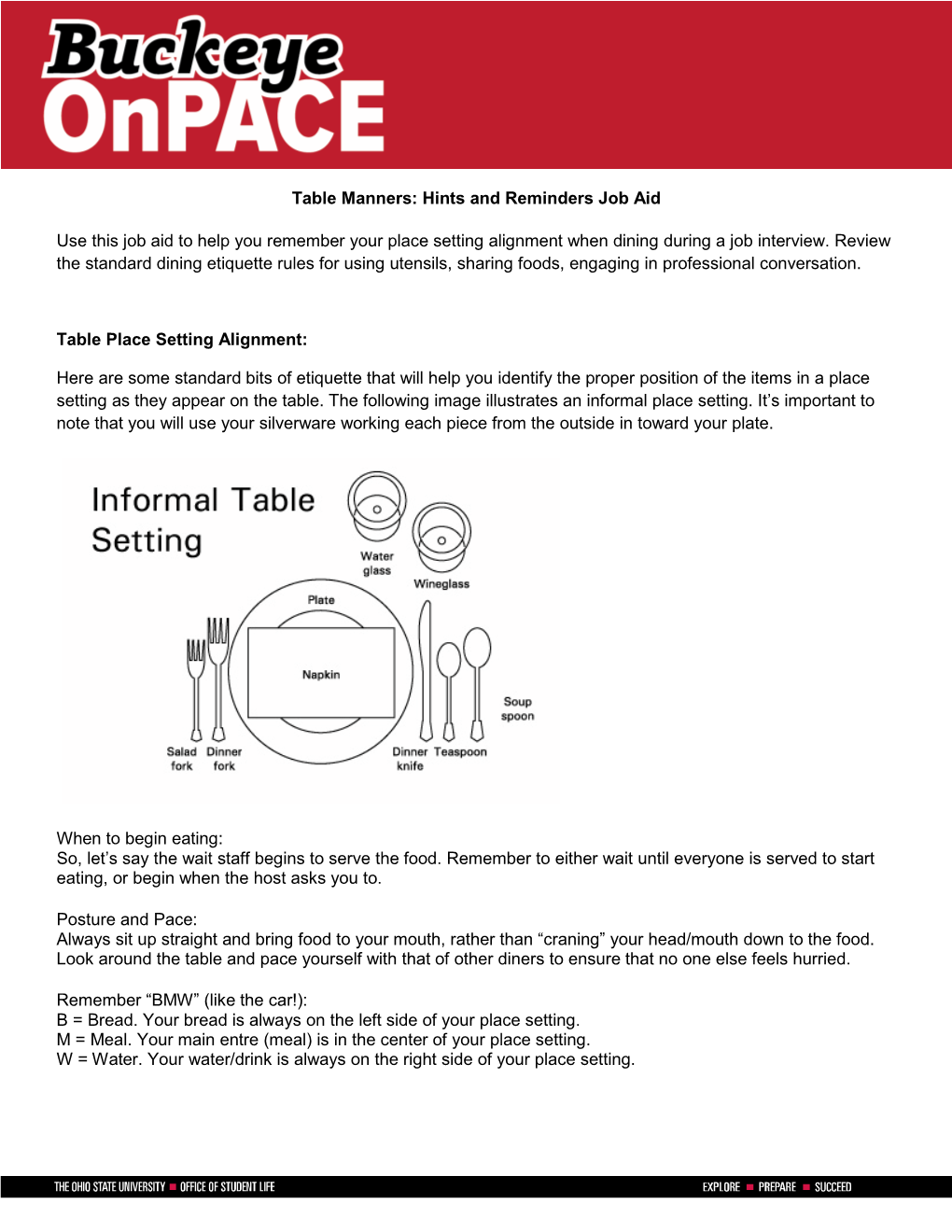 Table Manners: Hints and Reminders Job Aid Use This Job Aid to Help You