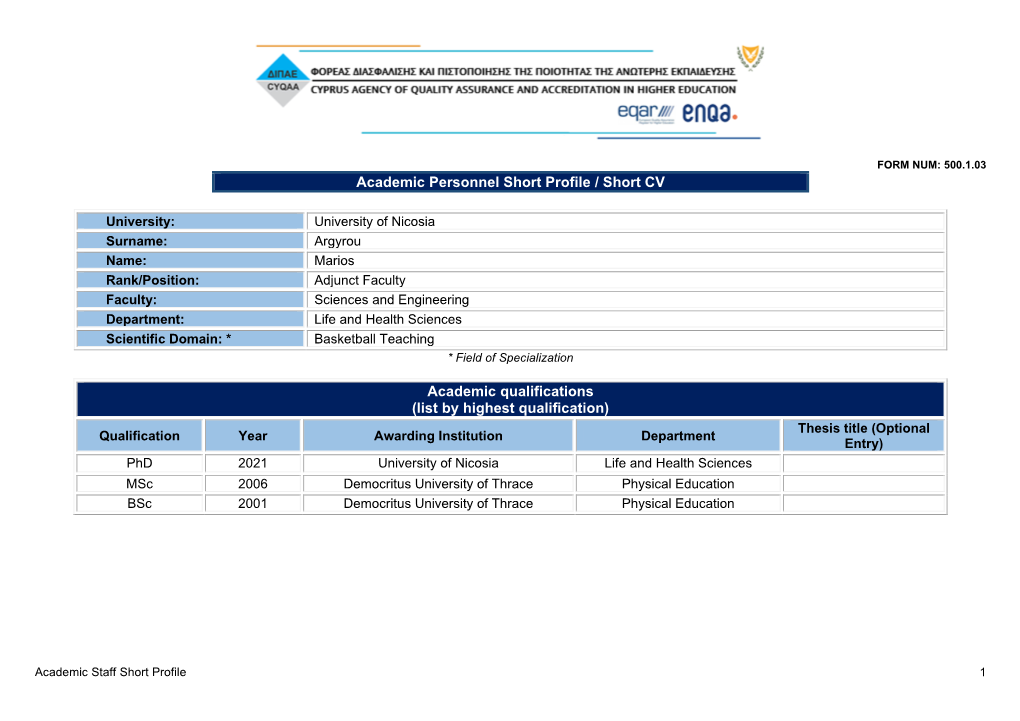 Academic Personnel Short Profile / Short CV