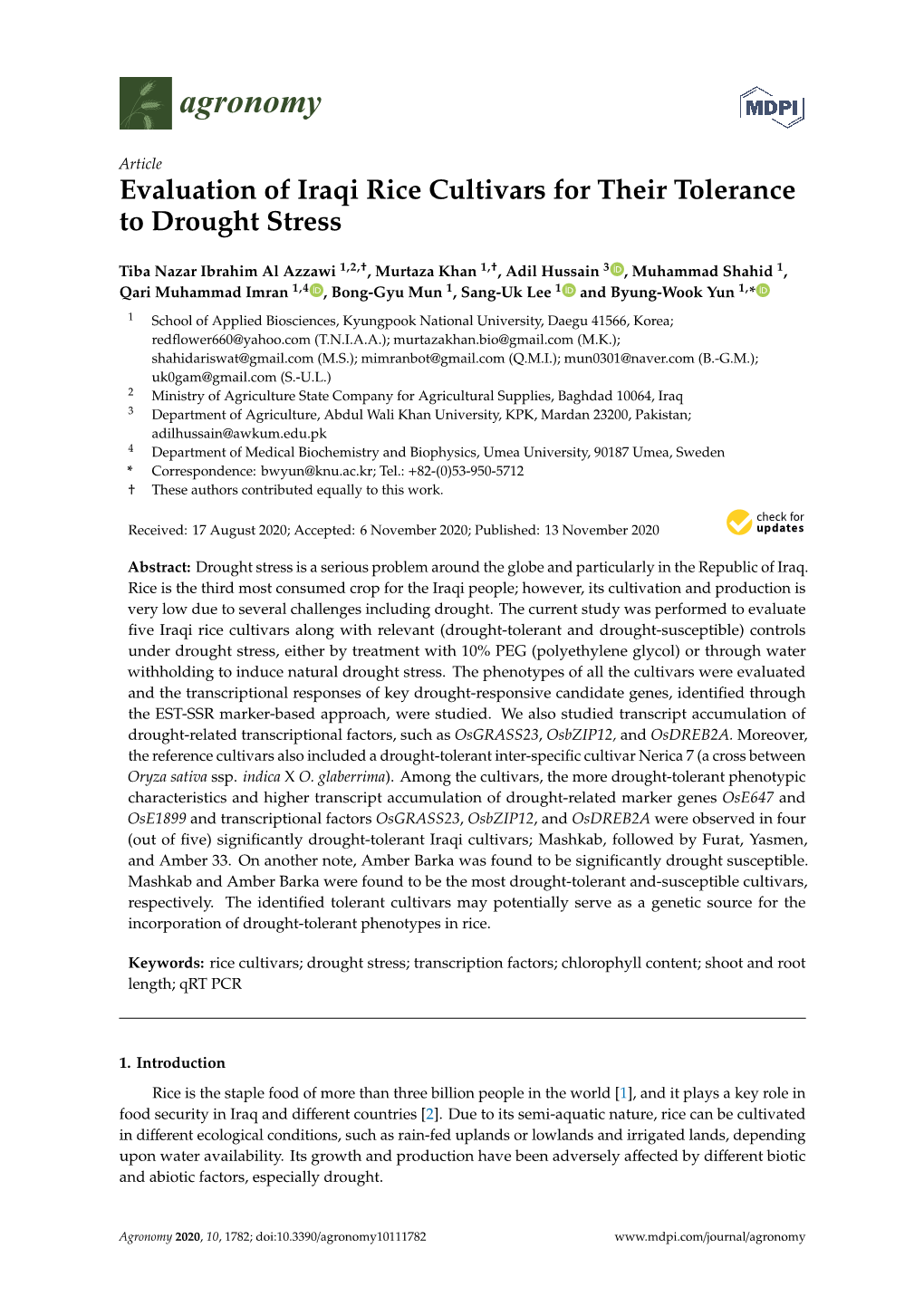 Evaluation of Iraqi Rice Cultivars for Their Tolerance to Drought Stress