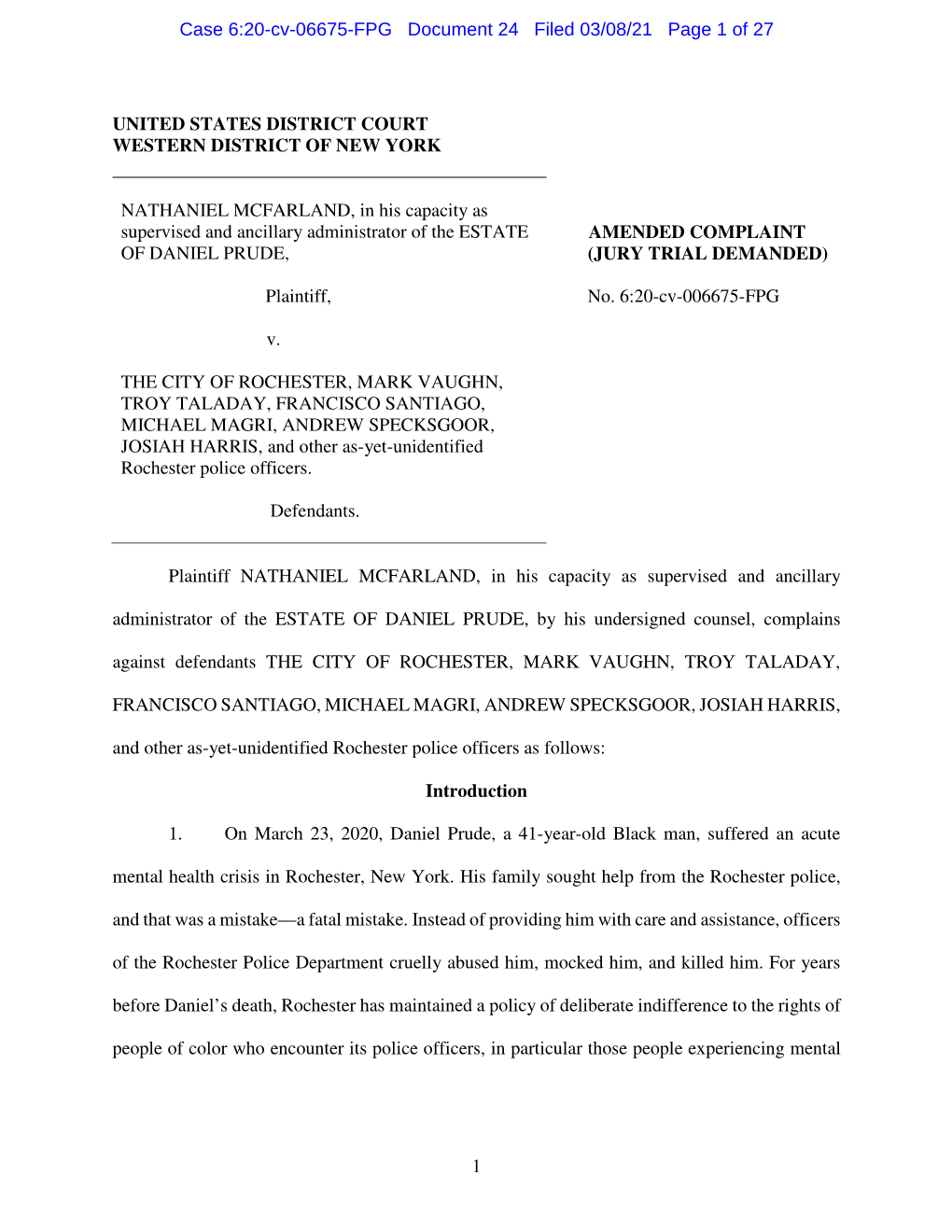 Amended Complaint of Daniel Prude, (Jury Trial Demanded)