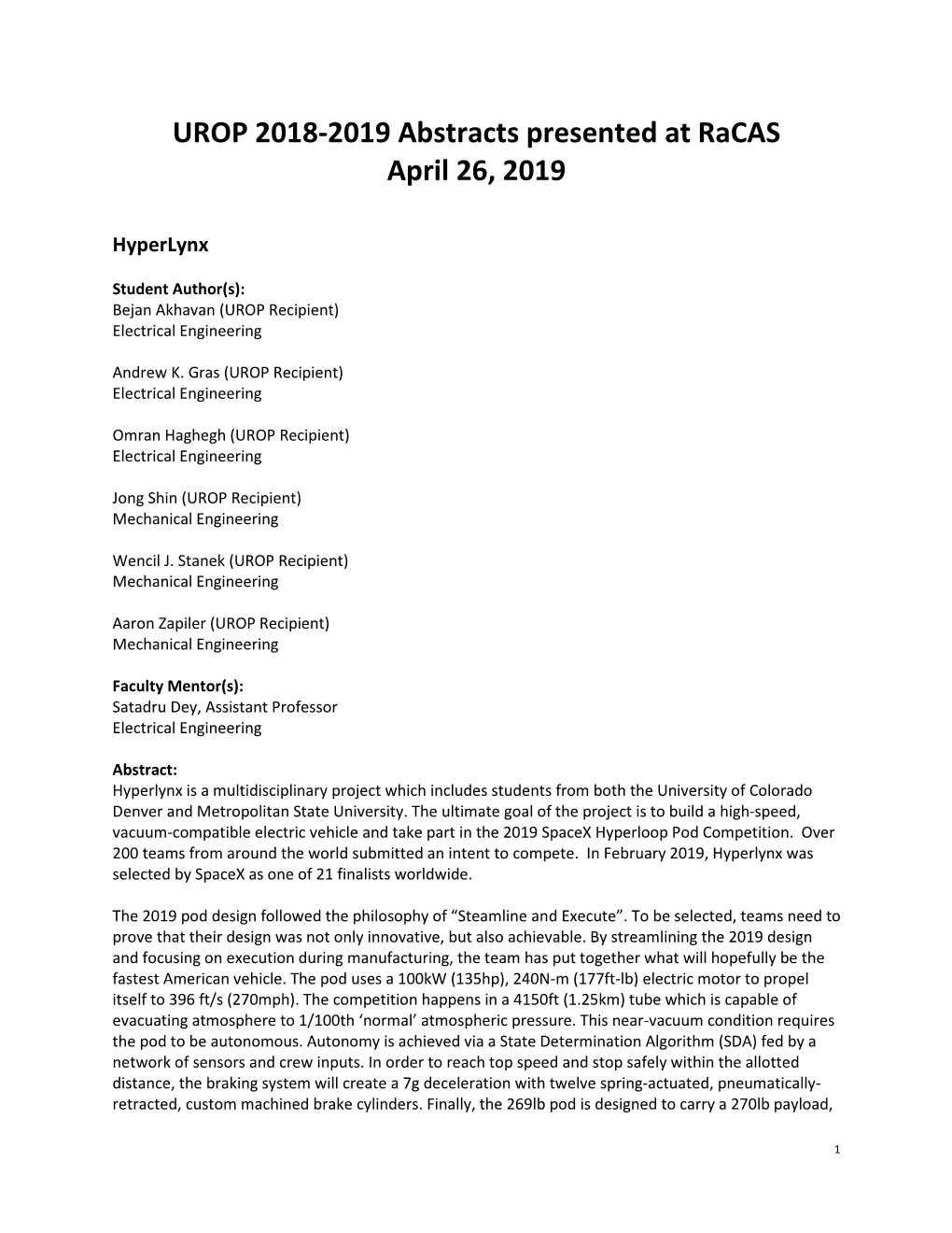 2018-2019 Abstracts Presented at Racas April 26, 2019