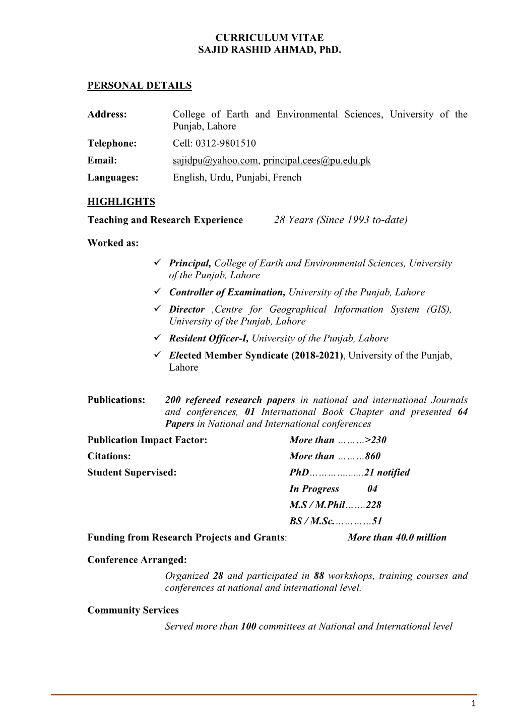 CV of Prof. Dr. Sajid Rashid Ahmad