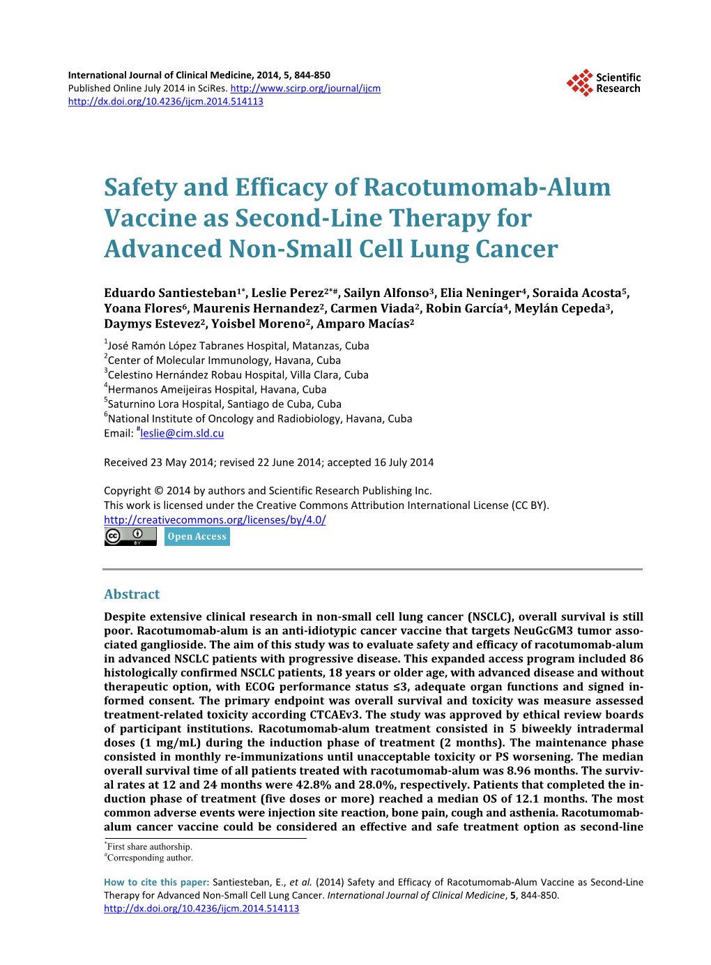 Safety and Efficacy of Racotumomab-Alum Vaccine As Second-Line Therapy for Advanced Non-Small Cell Lung Cancer