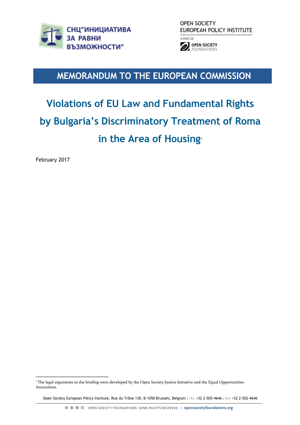 Violations of EU Law and Fundamental Rights by Bulgaria's Discriminatory Treatment of Roma in the Area of Housing1