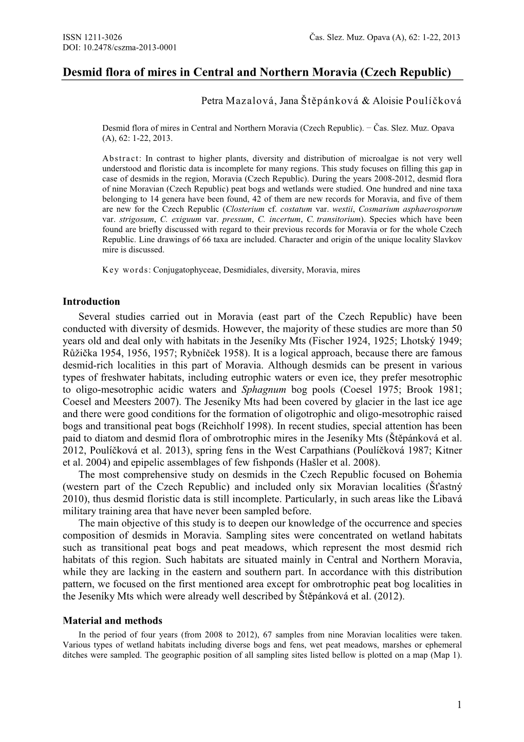 Desmid Flora of Mires in Central and Northern Moravia (Czech Republic)