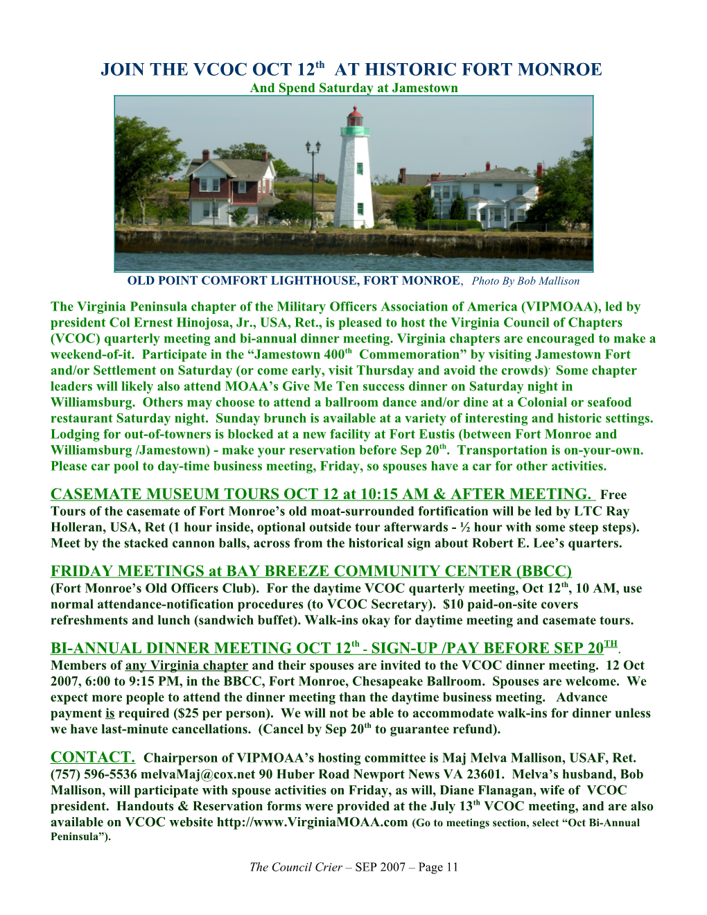 Join the Vcoc Oct 12 at Historic Fort Monroe