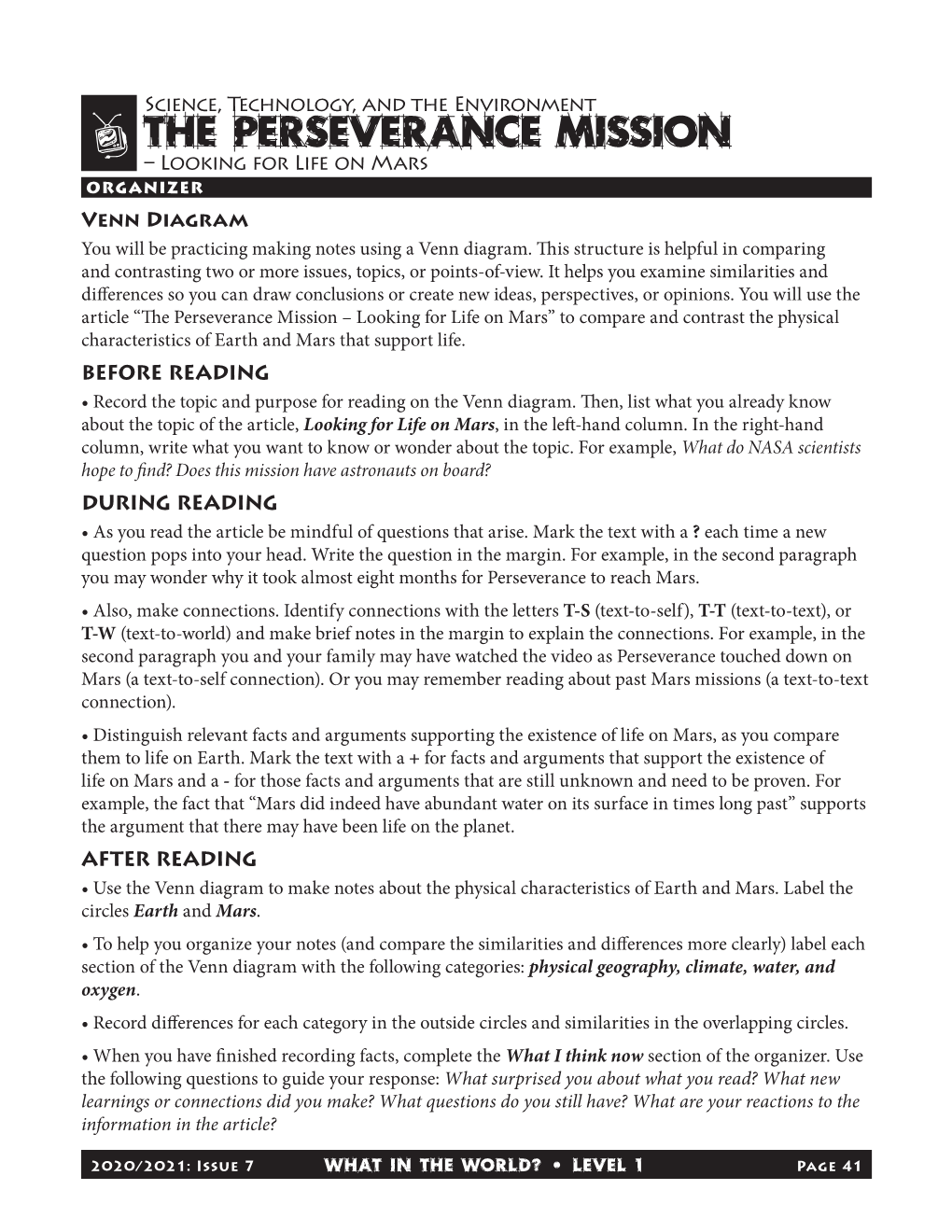 The Perseverance Mission – Looking for Life on Mars ORGANIZER Venn Diagram You Will Be Practicing Making Notes Using a Venn Diagram