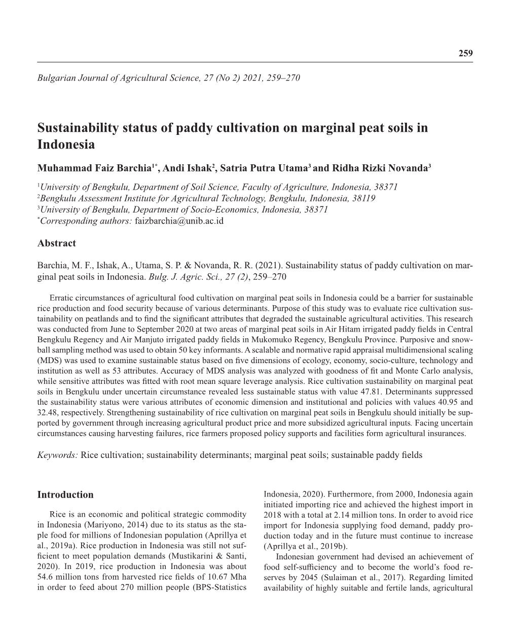 Sustainability Status of Paddy Cultivation on Marginal Peat Soils in Indonesia