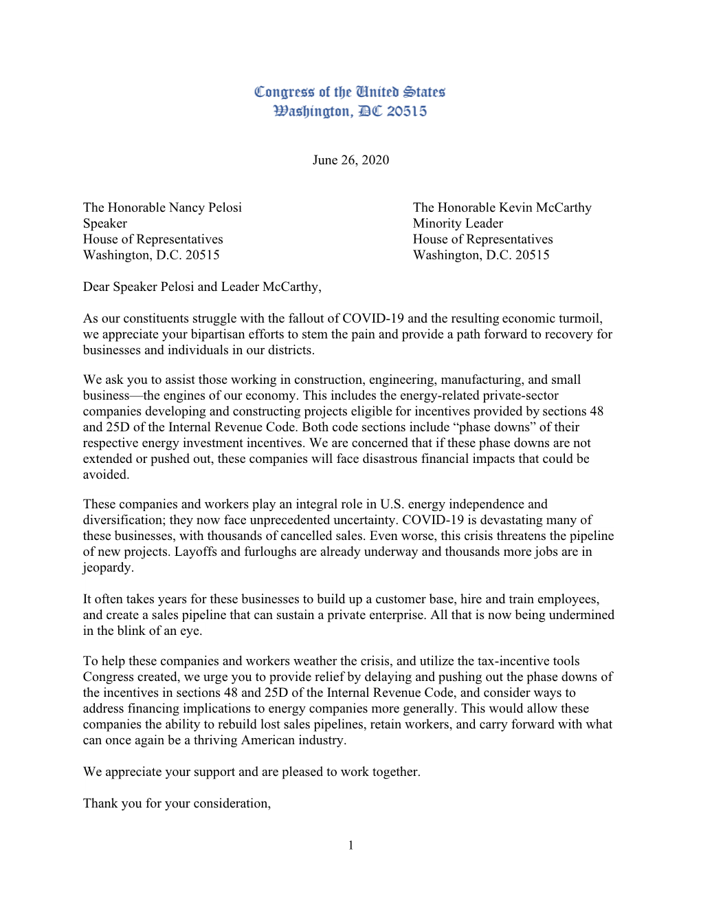Letter from Congress to Speaker Pelosi and Leader Mccarthy, Urging