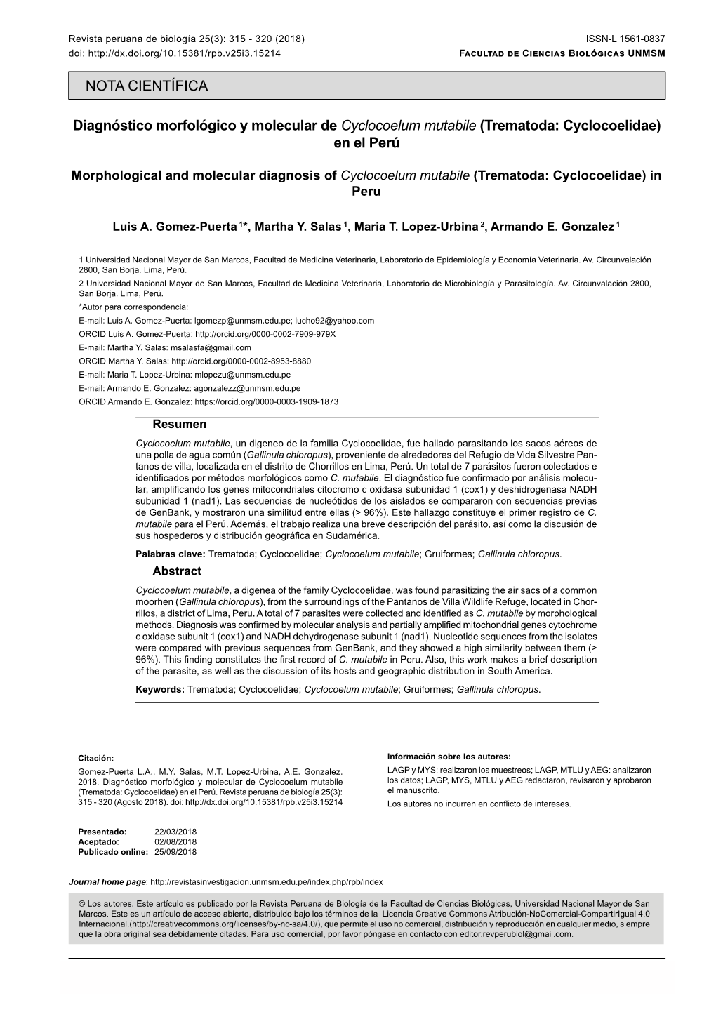 Diagnóstico Morfológico Y Molecular De Cyclocoelum Mutabile Doi: Facultad De Ciencias Biológicas UNMSM