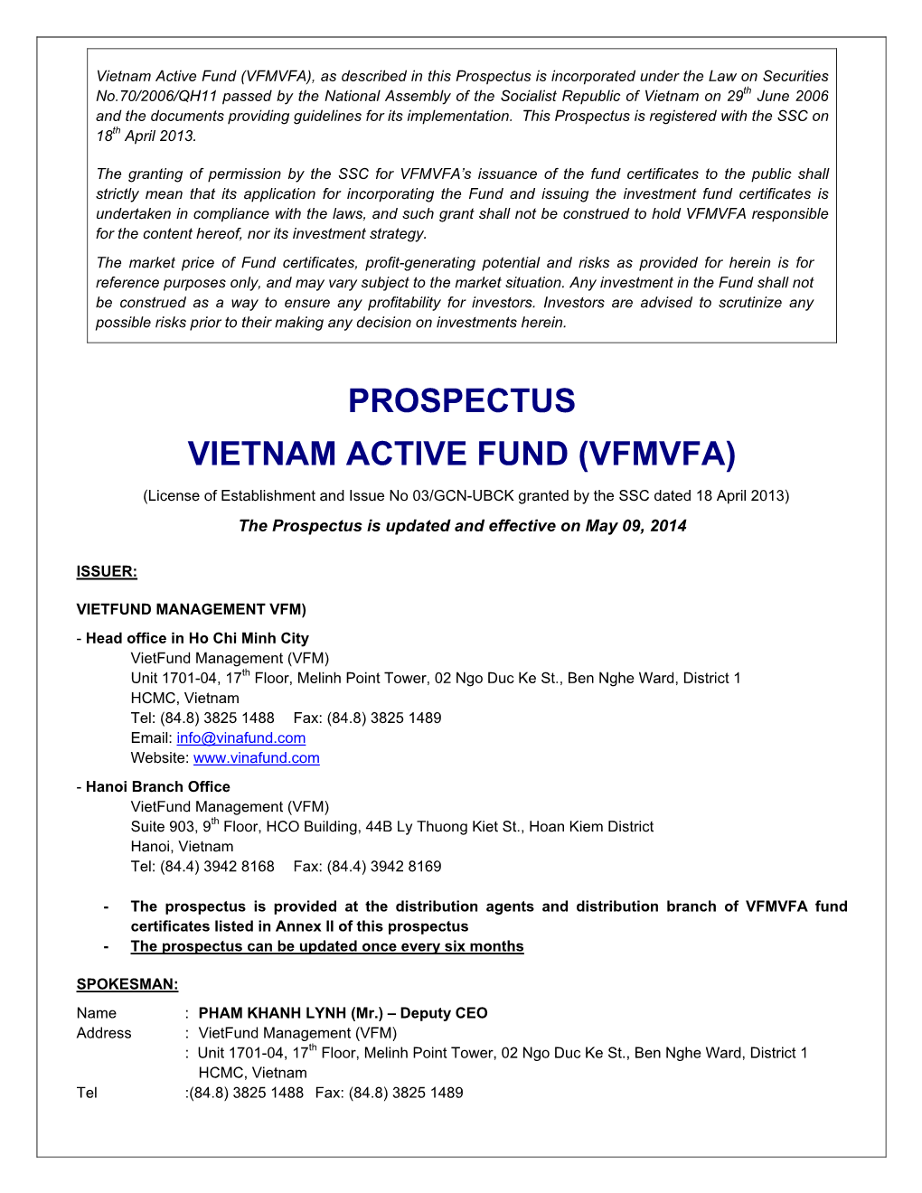 Prospectus Vietnam Active Fund (Vfmvfa)
