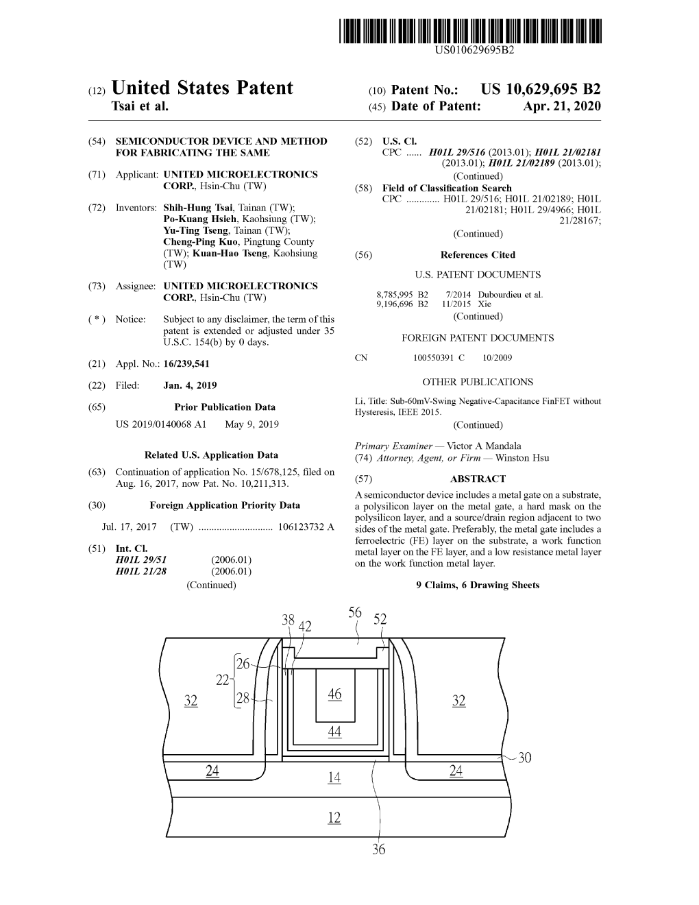 United States Patent ( 10 ) Patent No.: US 10,629,695 B2 Tsai Et Al