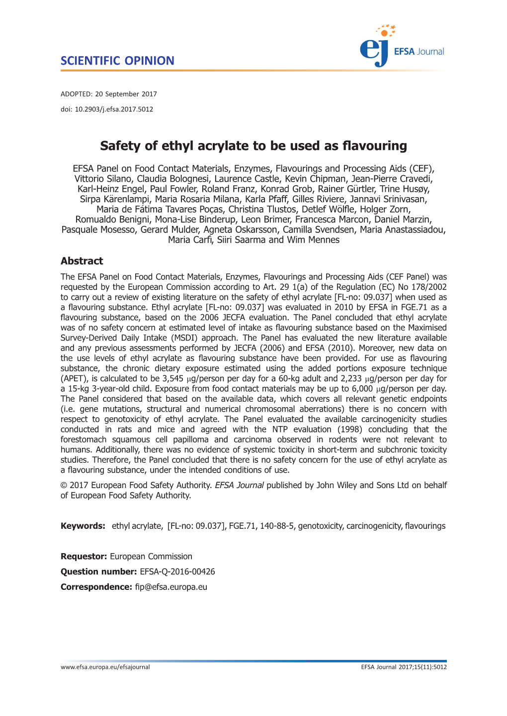 Safety of Ethyl Acrylate to Be Used As Flavouring