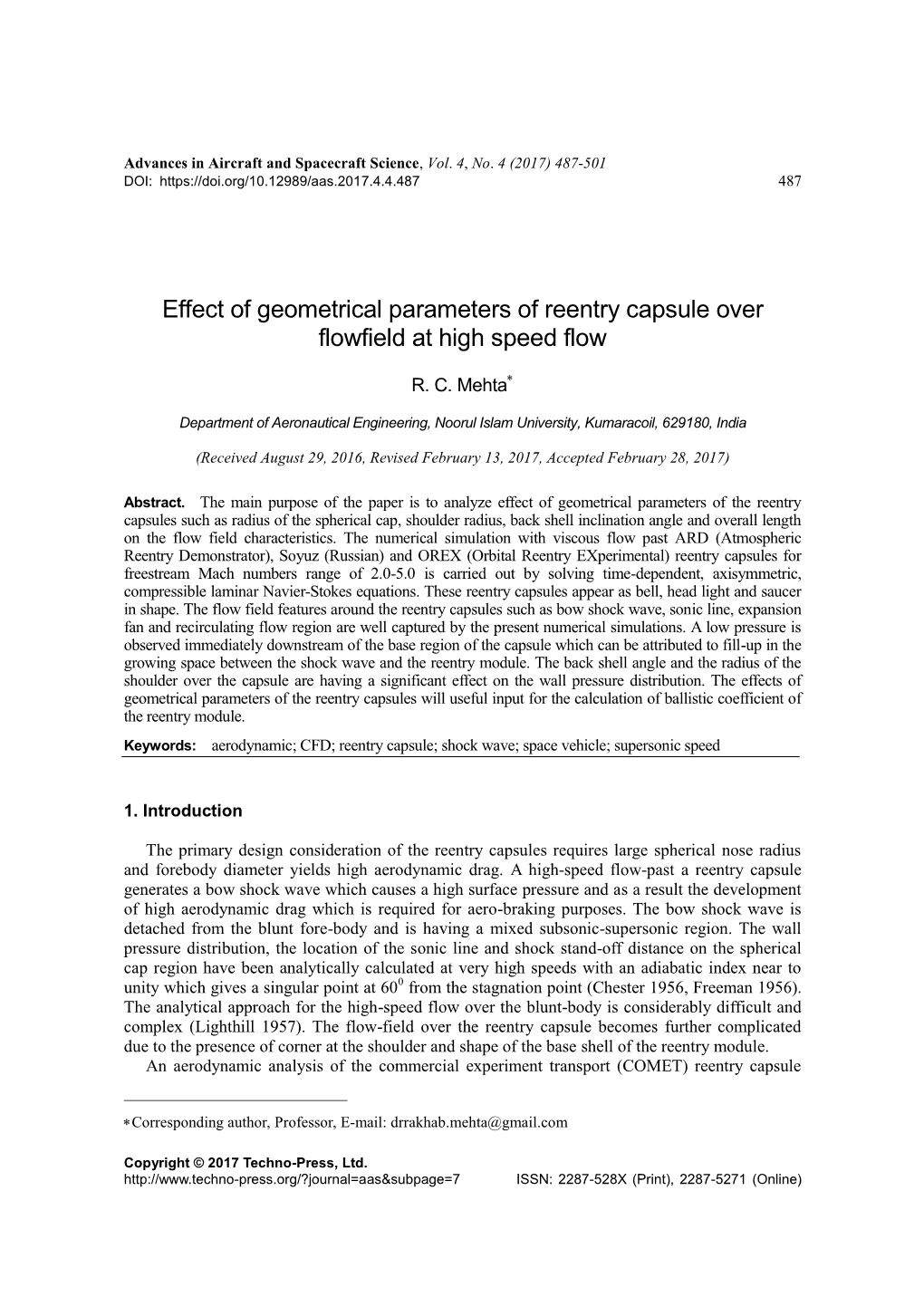 Effect of Geometrical Parameters of Reentry Capsule Over Flowfield at High Speed Flow