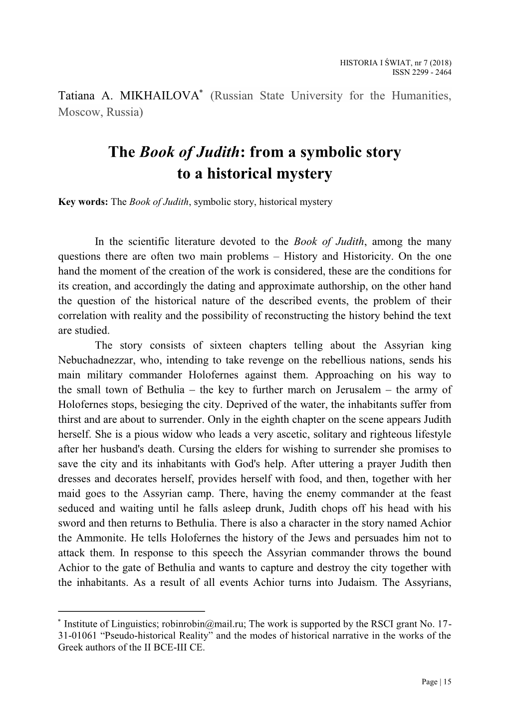 The Book of Judith: from a Symbolic Story to a Historical Mystery