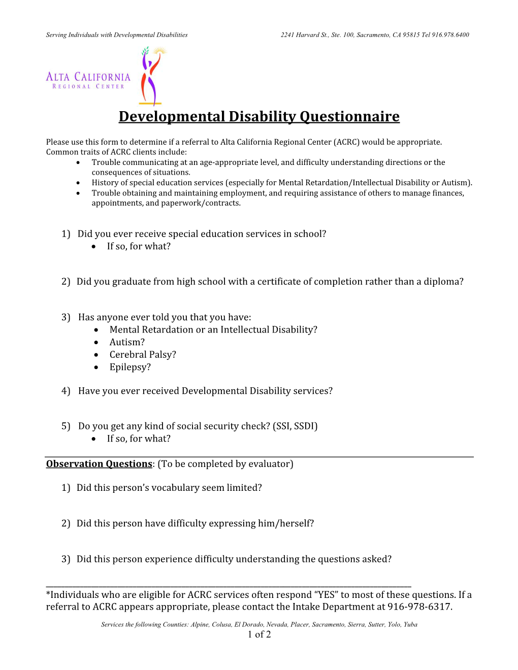 Developmental Disability Questionnaire