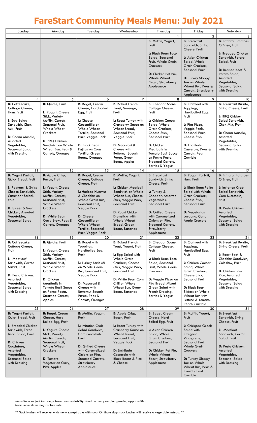 Farestart Community Meals Menu: July 2021