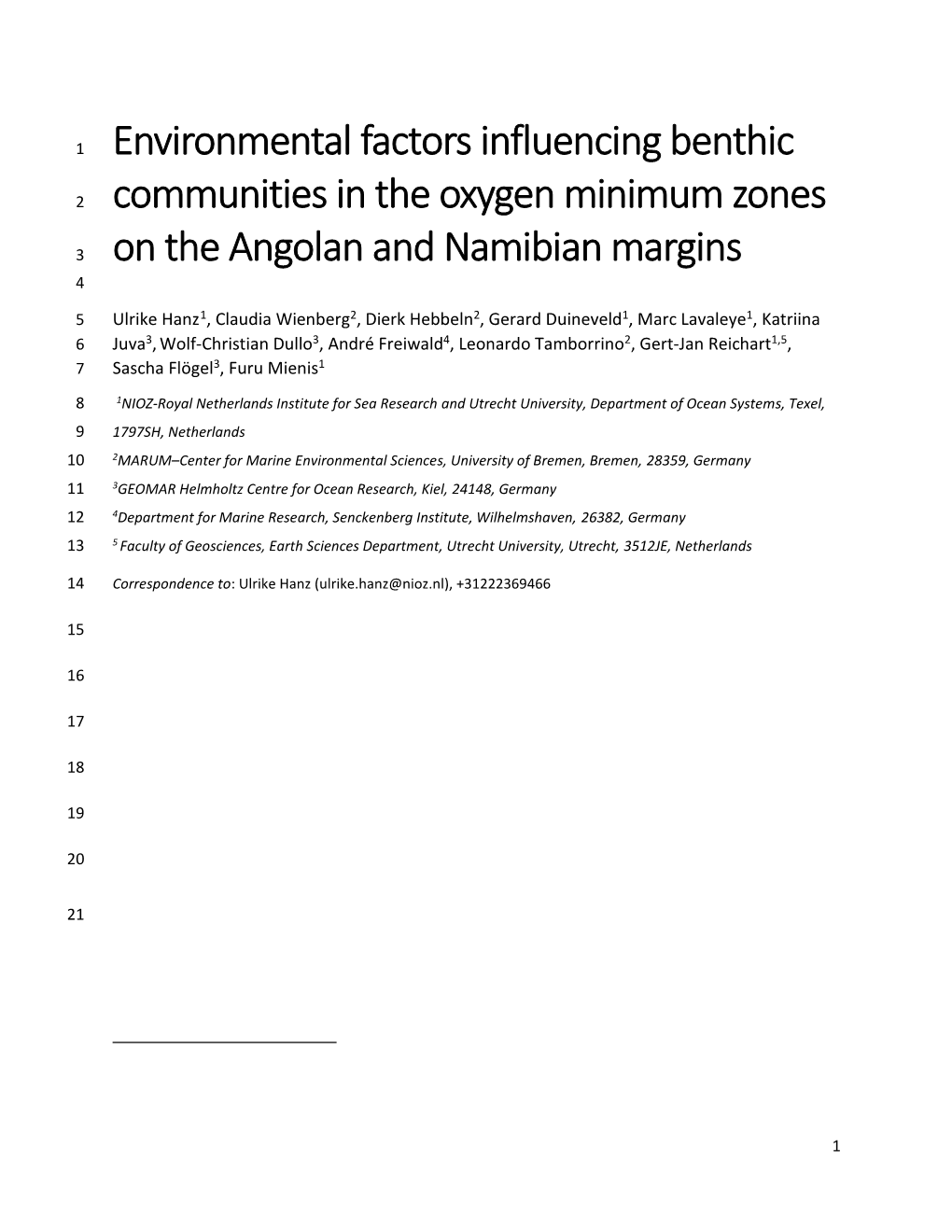 Environmental Factors Influencing Benthic Communities in the Oxygen