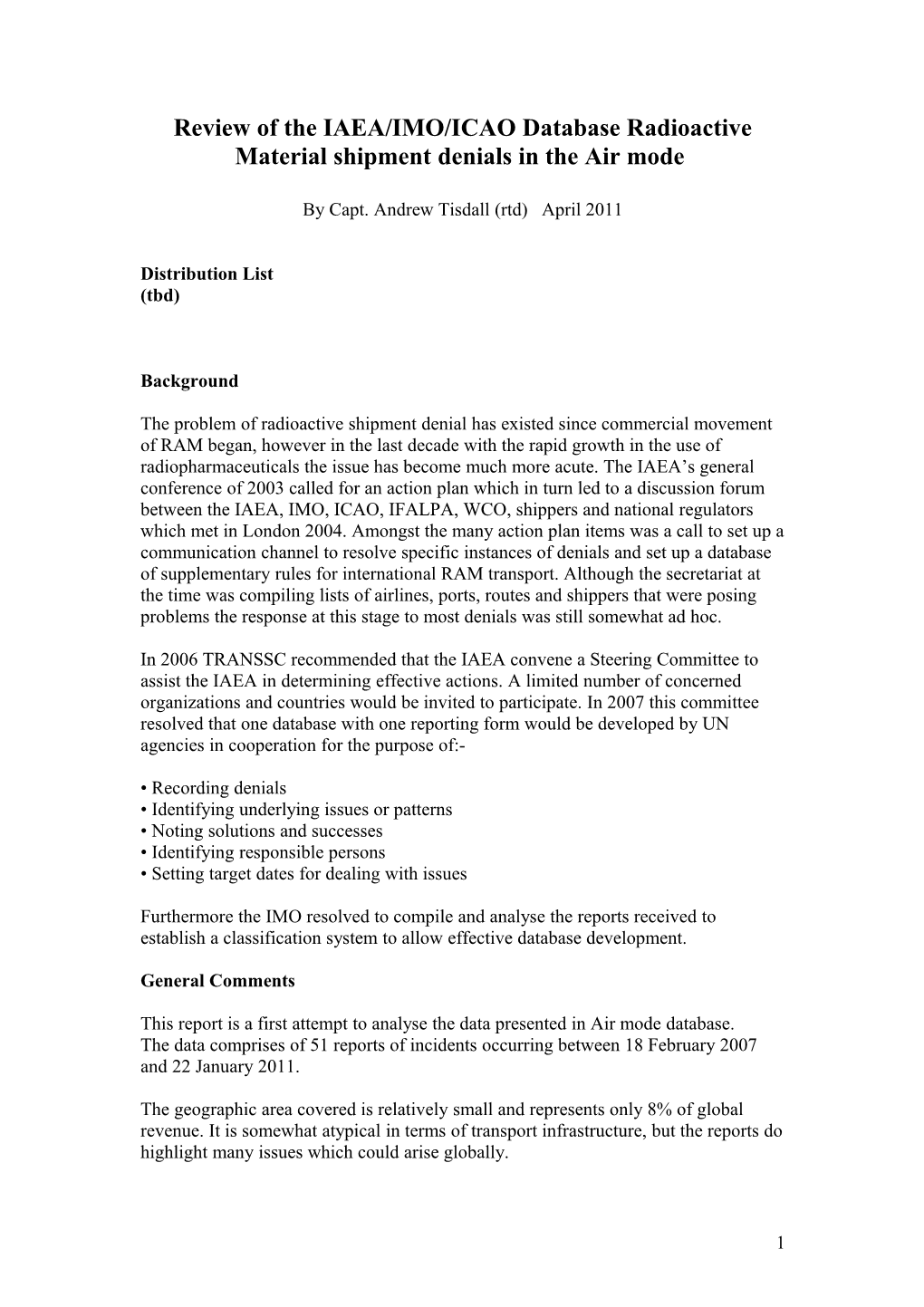 Review of the IAEA/IMO/ICAO Database Radioactive Material Shipment Denials in the Air Mode