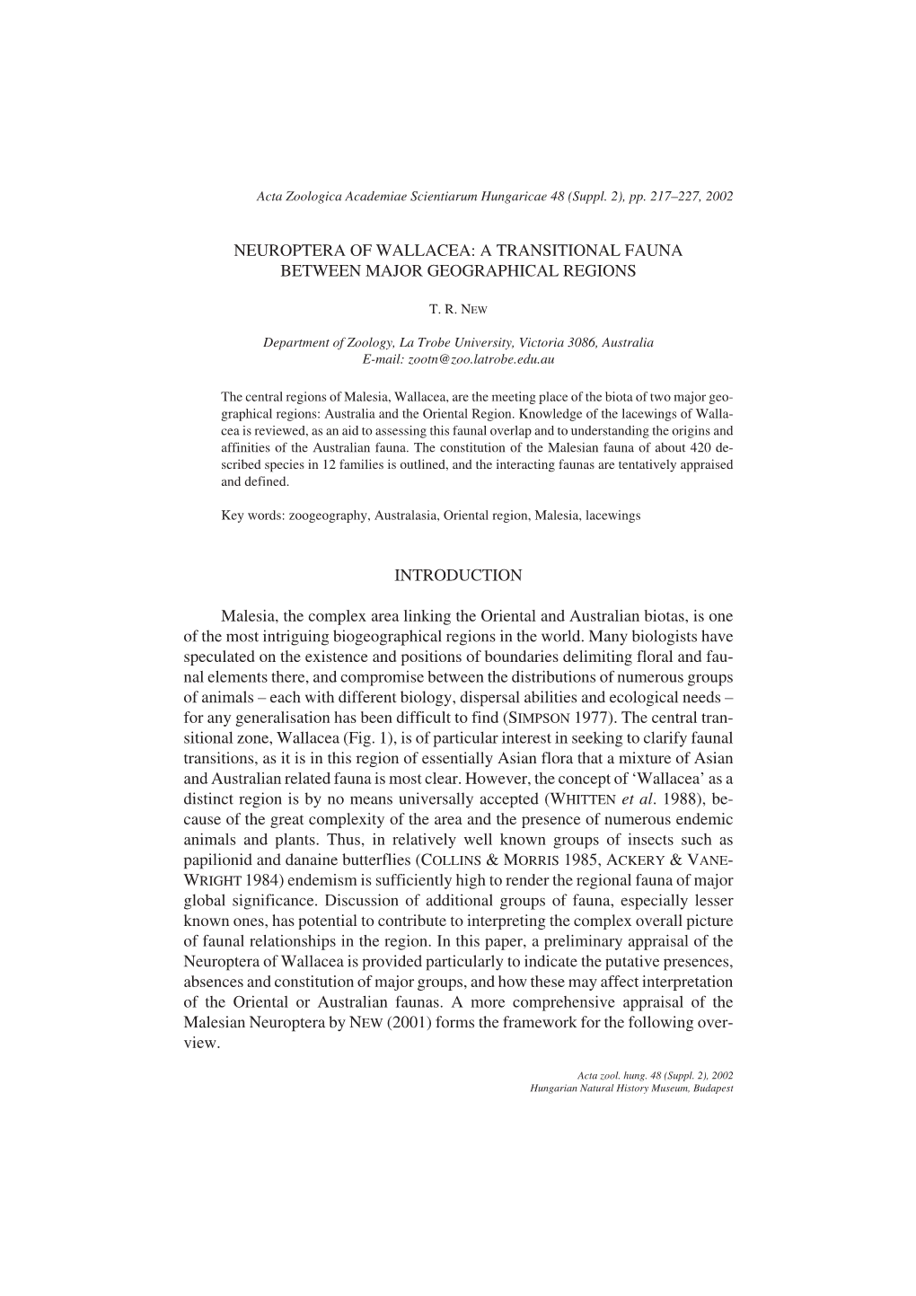 Neuroptera of Wallacea: a Transitional Fauna Between Major Geographical Regions