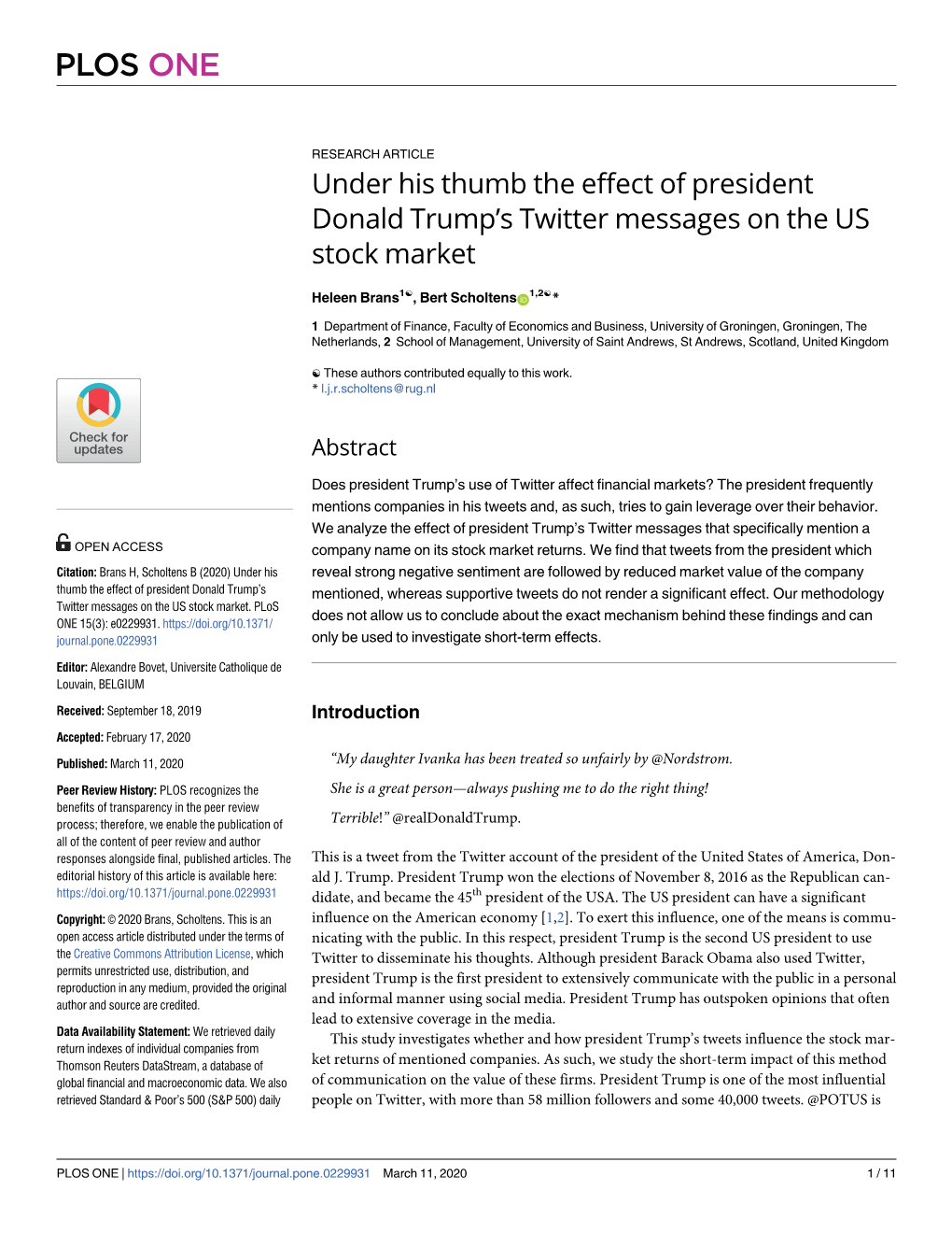 Under His Thumb the Effect of President Donald Trump’S Twitter Messages on the US Stock Market