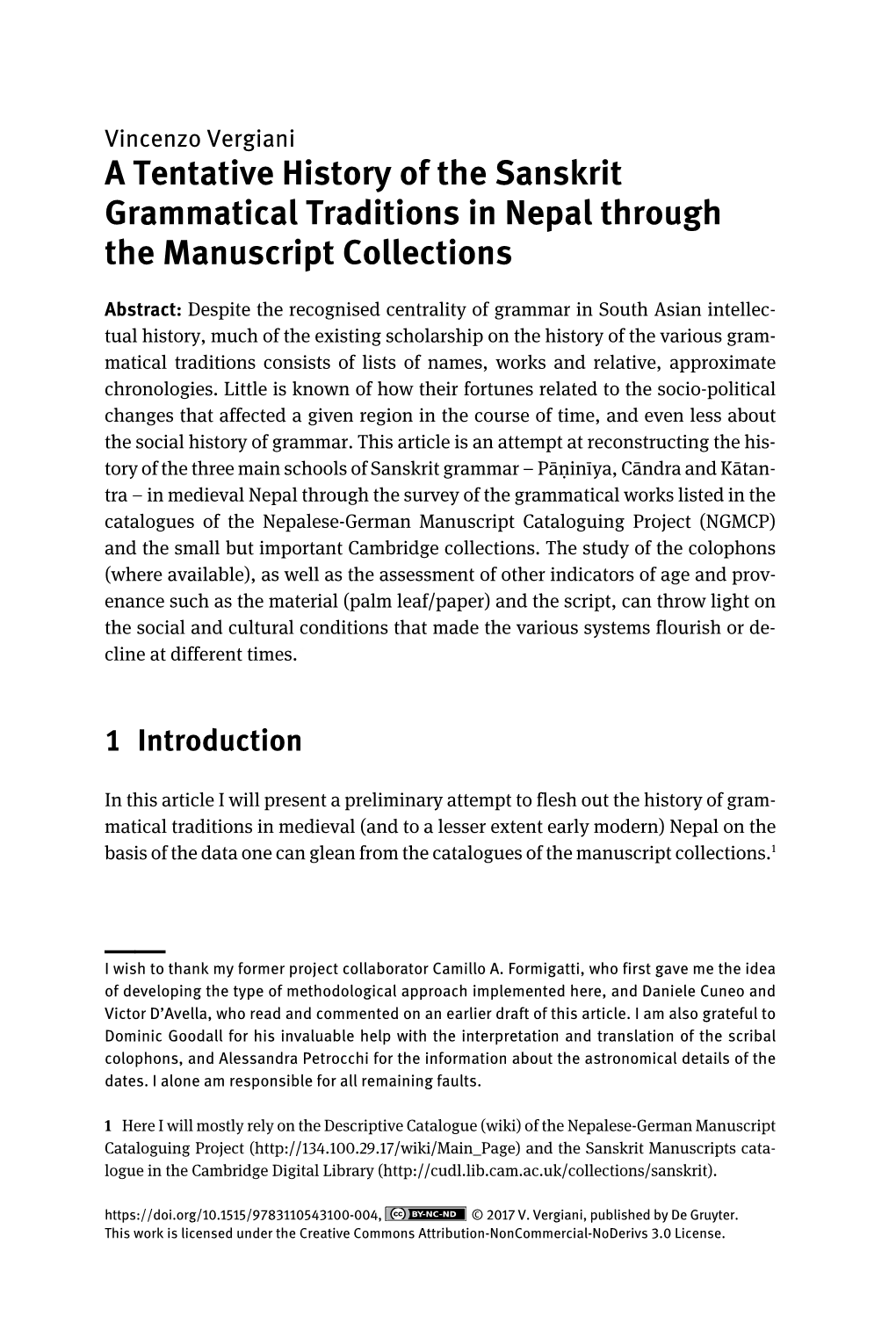 A Tentative History of the Sanskrit Grammatical Traditions in Nepal Through the Manuscript Collections