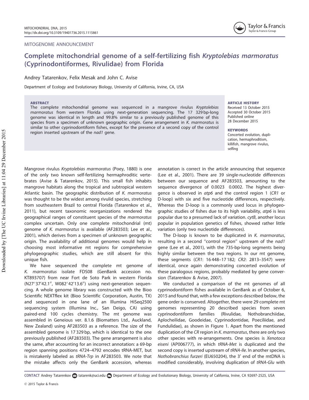 Complete Mitochondrial Genome of a Self-Fertilizing Fish Kryptolebias Marmoratus (Cyprinodontiformes, Rivulidae) from Florida