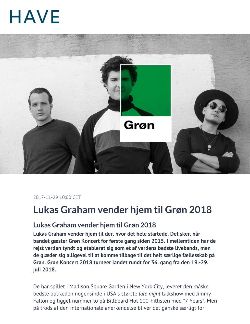 Lukas Graham Vender Hjem Til Grøn 2018