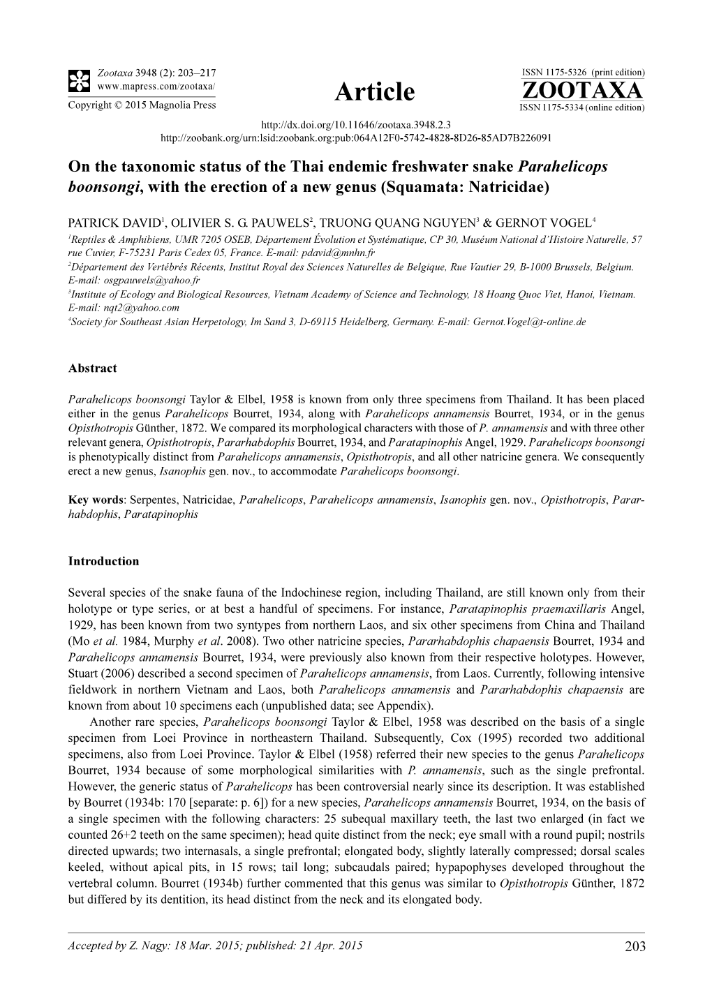 On the Taxonomic Status of the Thai Endemic Freshwater Snake Parahelicops Boonsongi, with the Erection of a New Genus (Squamata: Natricidae)