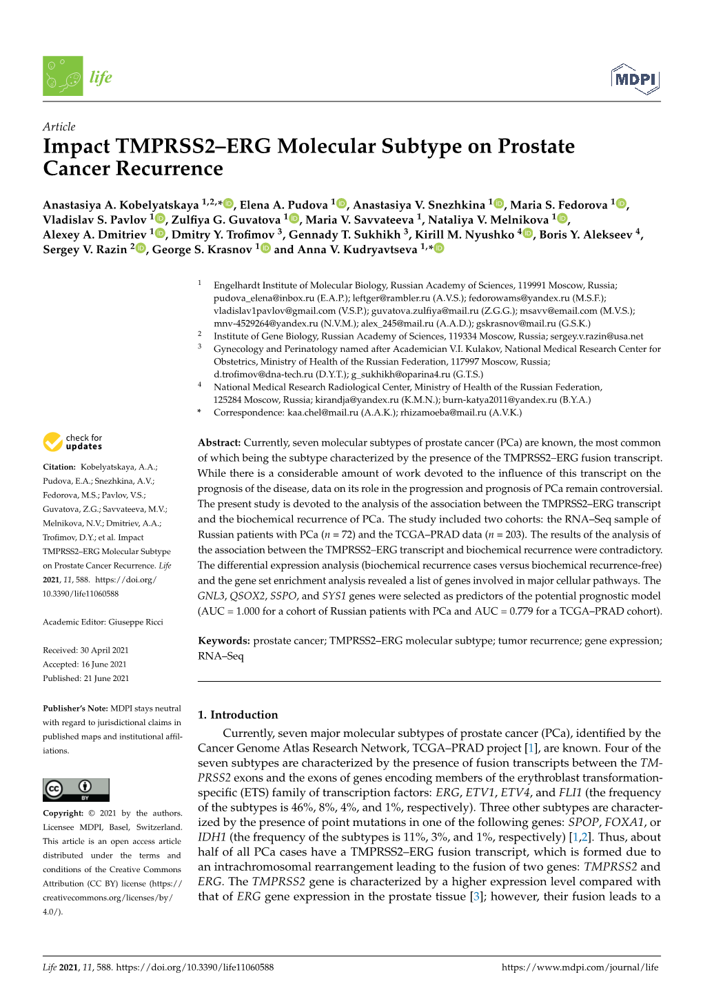 Impact TMPRSS2–ERG Molecular Subtype on Prostate Cancer Recurrence