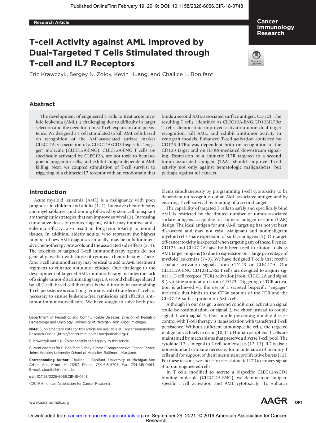 T-Cell Activity Against AML Improved by Dual-Targeted T Cells Stimulated Through T-Cell and IL7 Receptors Eric Krawczyk, Sergey N