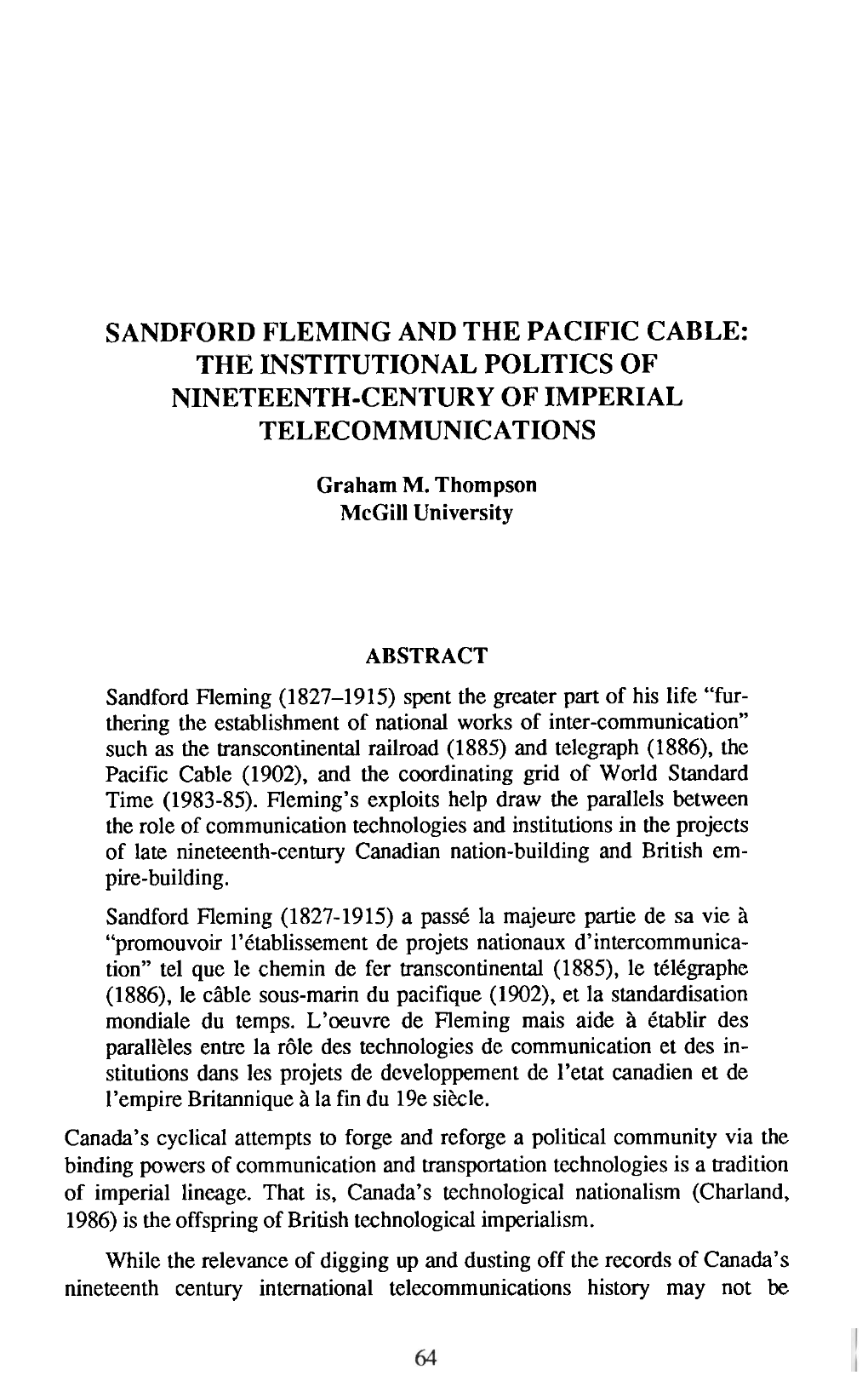 Sandford Fleming and the Pacific Cable: the Institutional Politics of Nineteenth-Century of Imperial Telecommunications