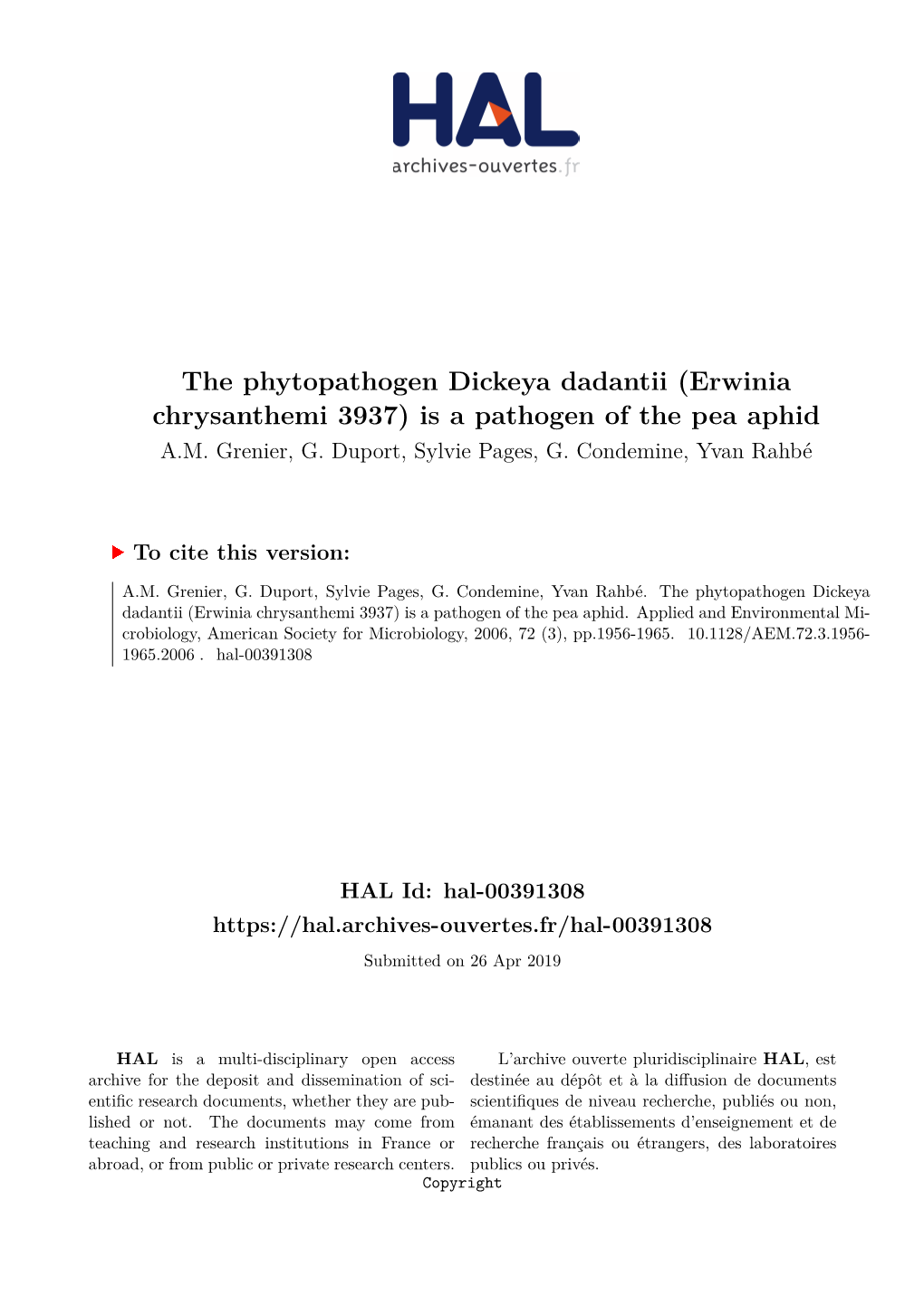 (Erwinia Chrysanthemi 3937) Is a Pathogen of the Pea Aphid A.M