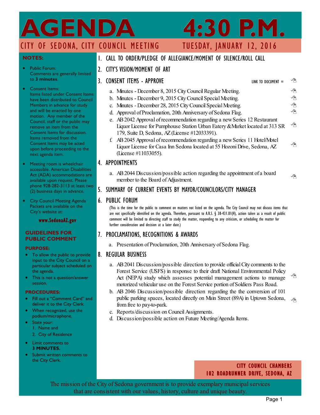 Agenda 4:30 P.M. City of Sedona, City Council Meeting Tuesday, January 12, 2016