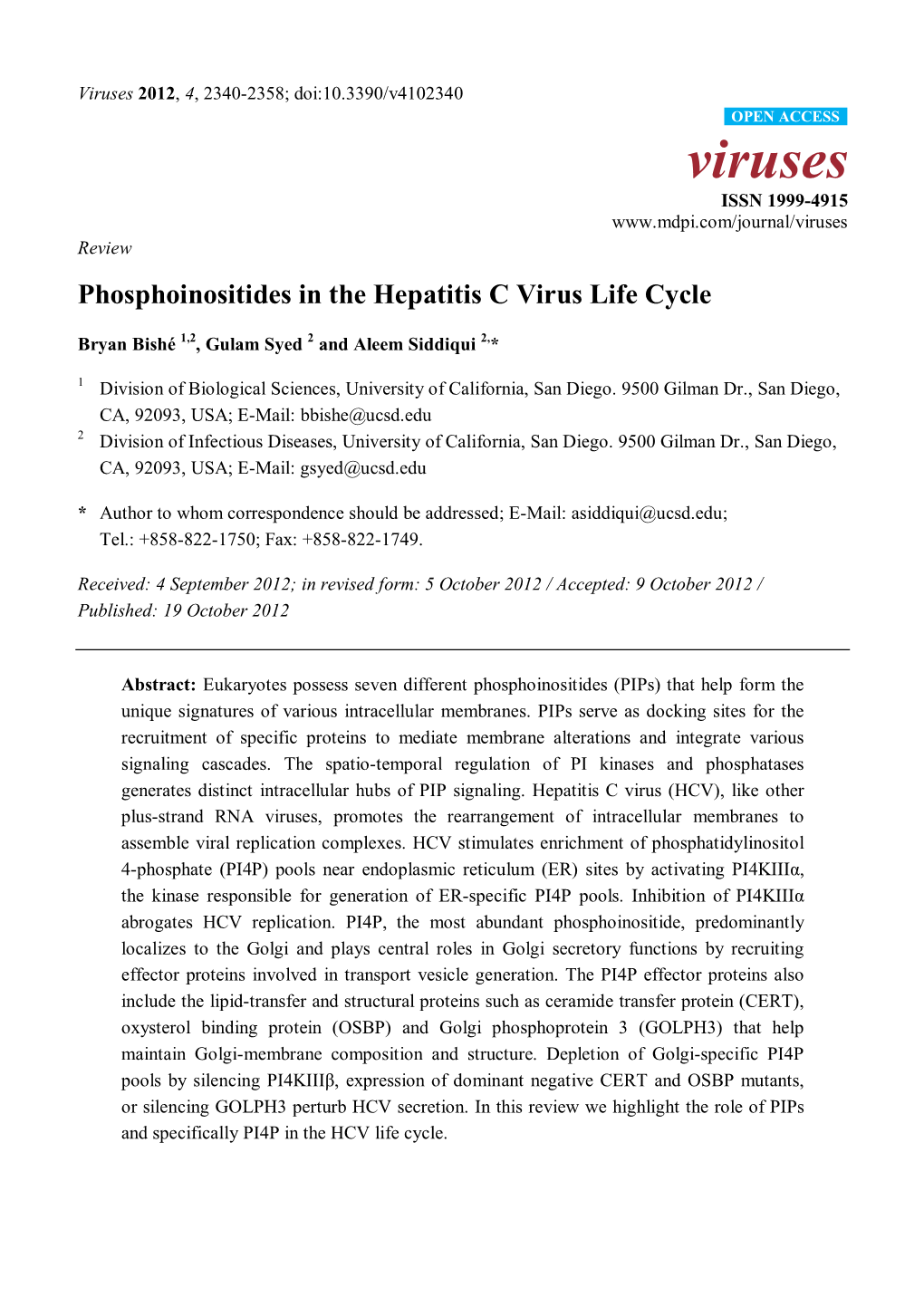 Phosphoinositides in the Hepatitis C Virus Life Cycle