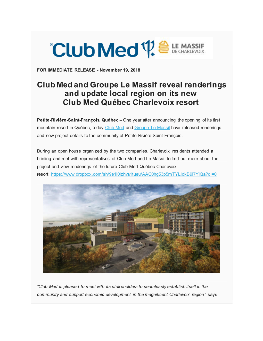 Club Med and Groupe Le Massif Reveal Renderings and Update Local Region on Its New Club Med Québec Charlevoix Resort