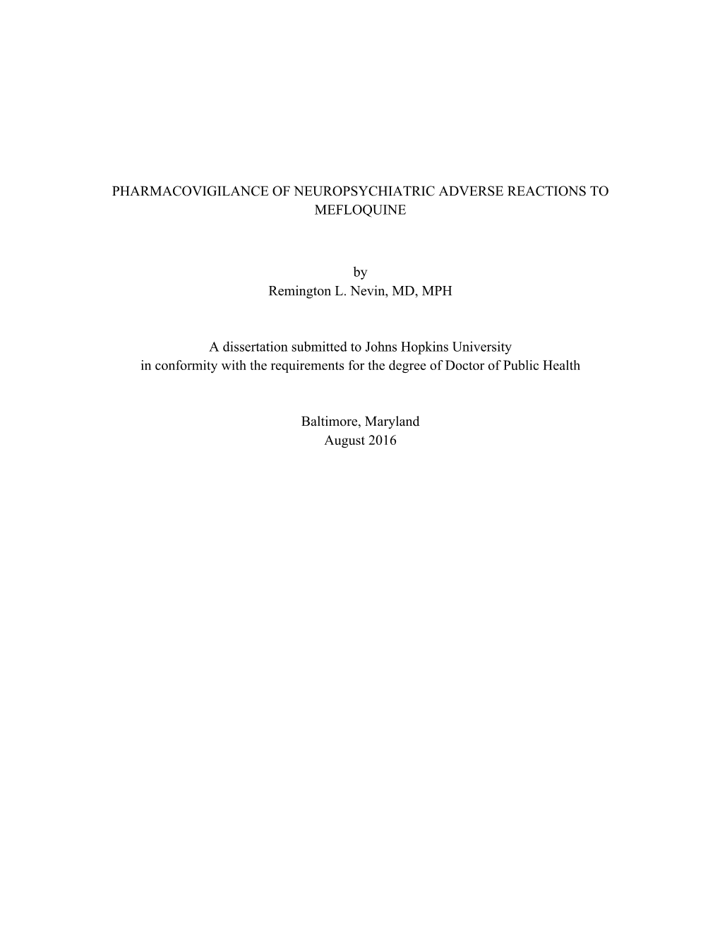 Pharmacovigilance of Neuropsychiatric Adverse Reactions to Mefloquine