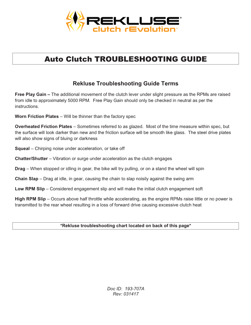 Auto Clutch TROUBLESHOOTING GUIDE