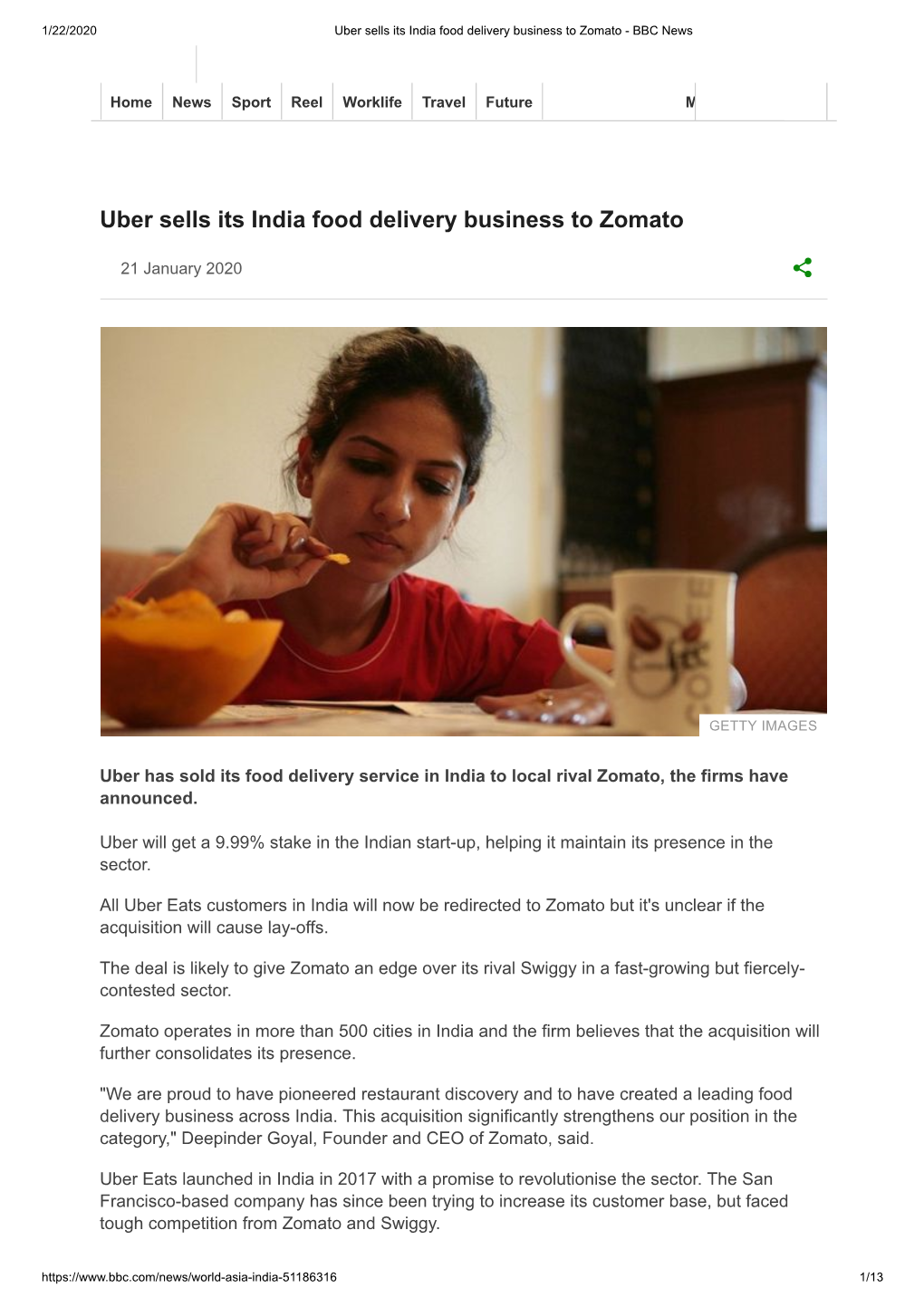 Uber Sells Its India Food Delivery Business to Zomato - BBC News