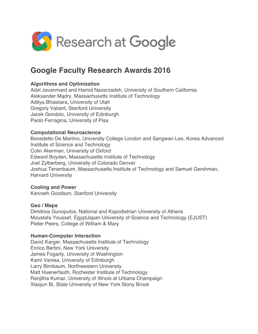 Google Faculty Research Awards 2016