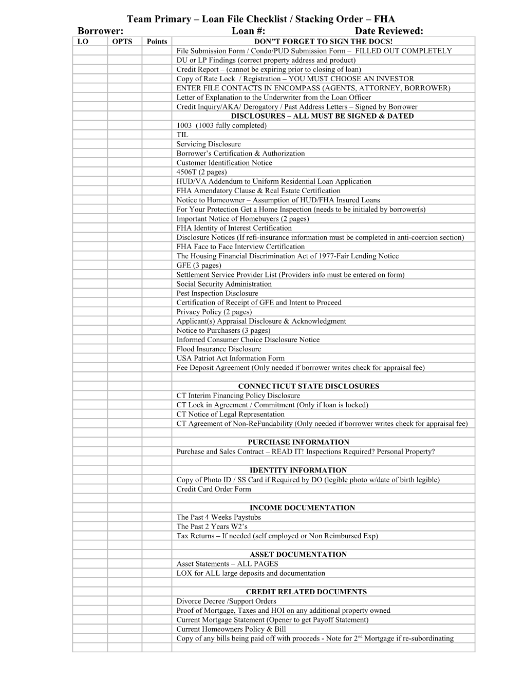 Loan File Checklist / Stacking Order