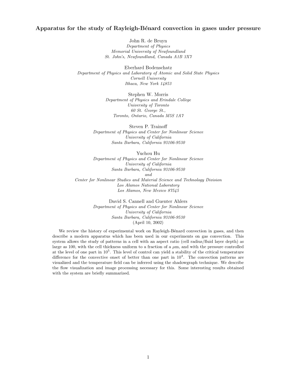 Apparatus for the Study of Rayleigh-Benard Convection In