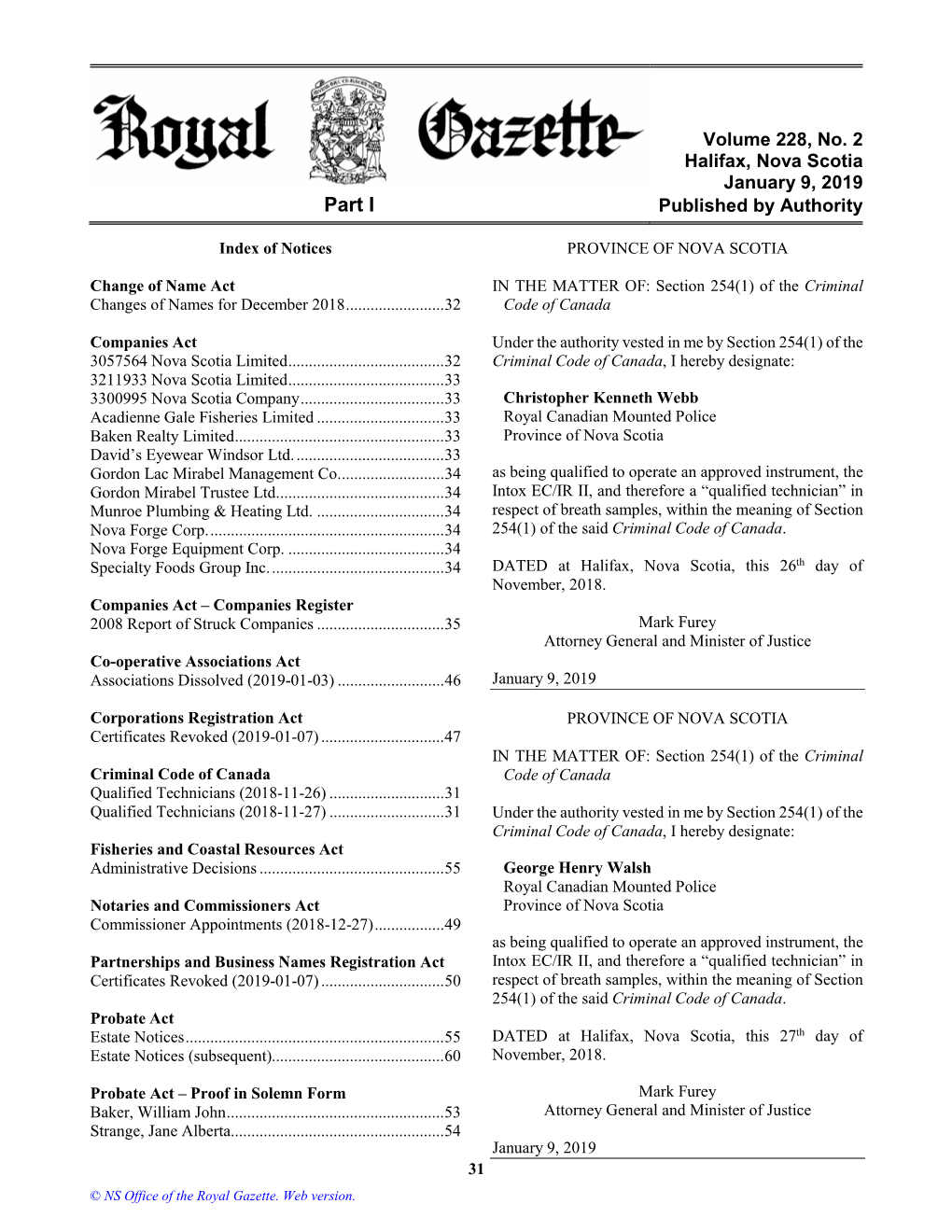 NS Royal Gazette Part I