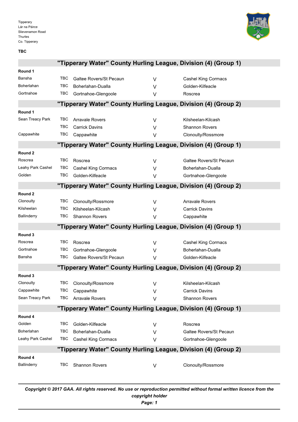 Tipperary Water County Hurling League Div 4 2017