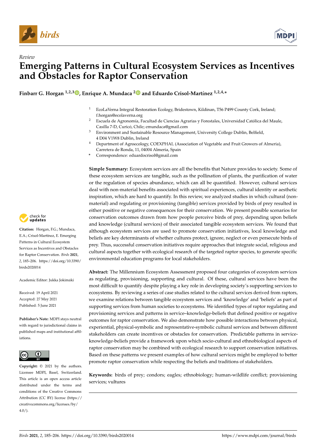 Emerging Patterns in Cultural Ecosystem Services As Incentives and Obstacles for Raptor Conservation