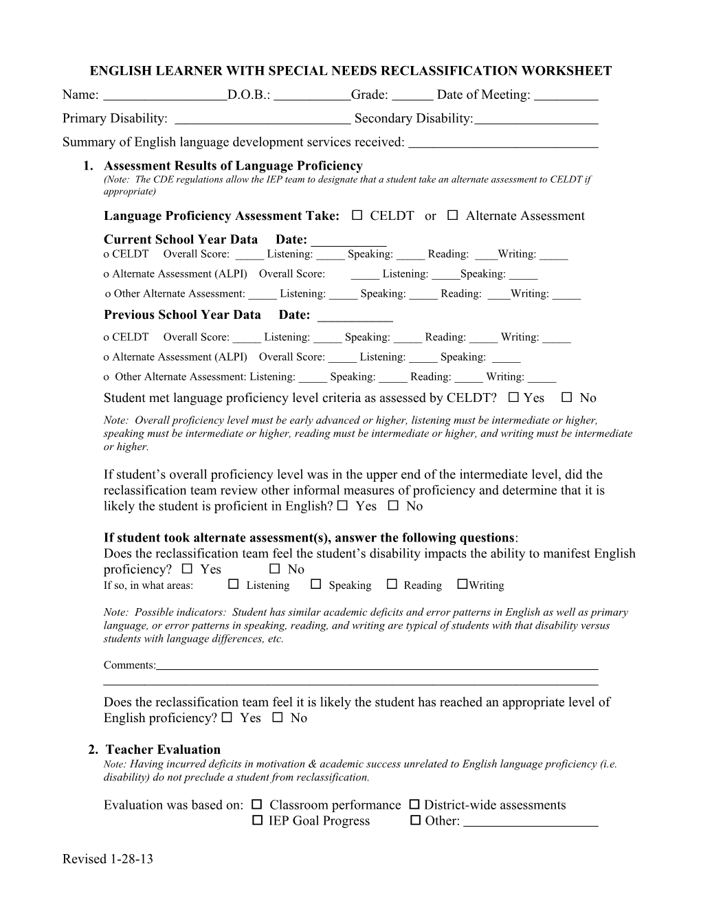 English Learner with Special Needs Reclassification Worksheet