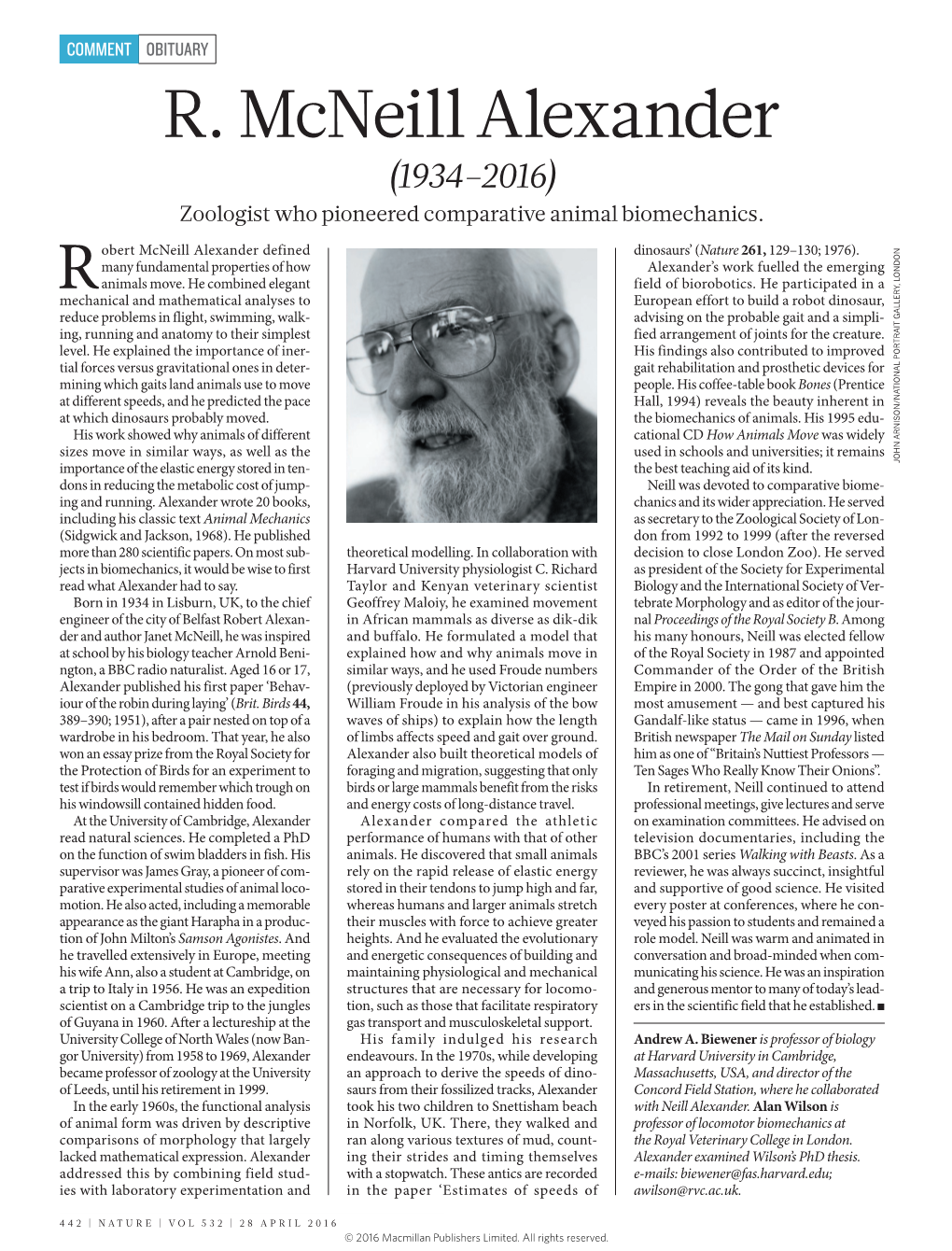 R. Mcneill Alexander (1934–2016) Zoologist Who Pioneered Comparative Animal Biomechanics